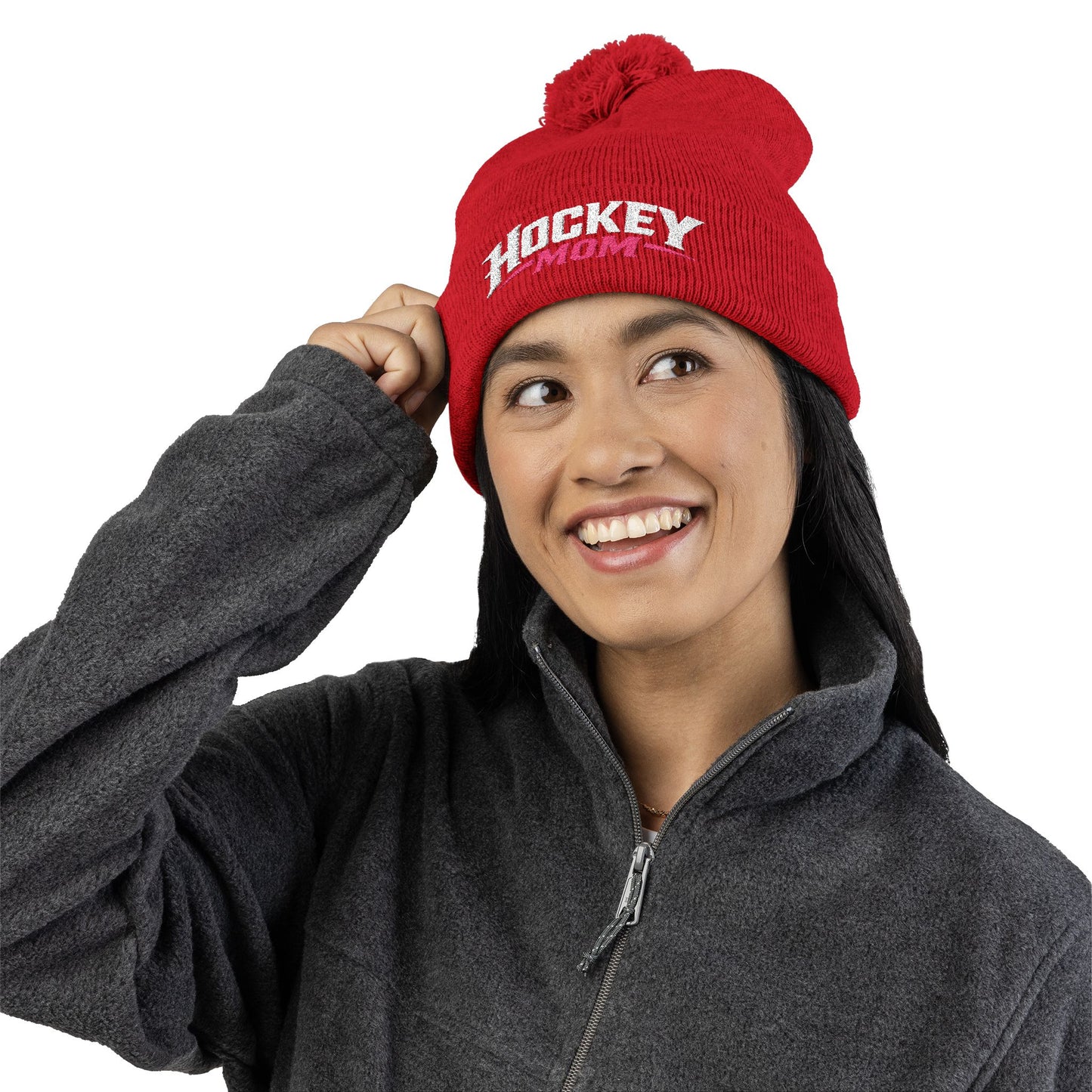 Hockey Mom Pom-Pom Knit Cap — Embroidered Winter Beanie