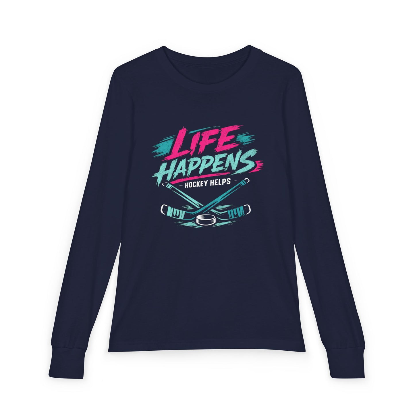 Youth Hockey Long Sleeve Tee — "Life Happens, Hockey Helps"