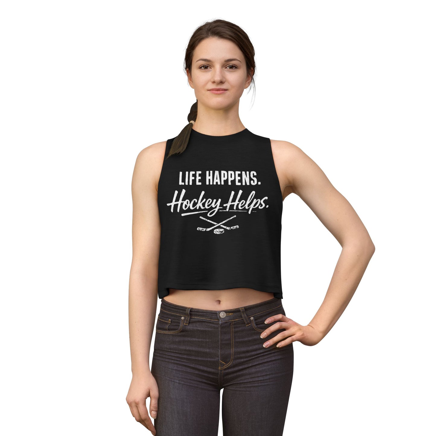 Women's Hockey Crop Top — "Life Happens. Hockey Helps." Athletic Casual Tank