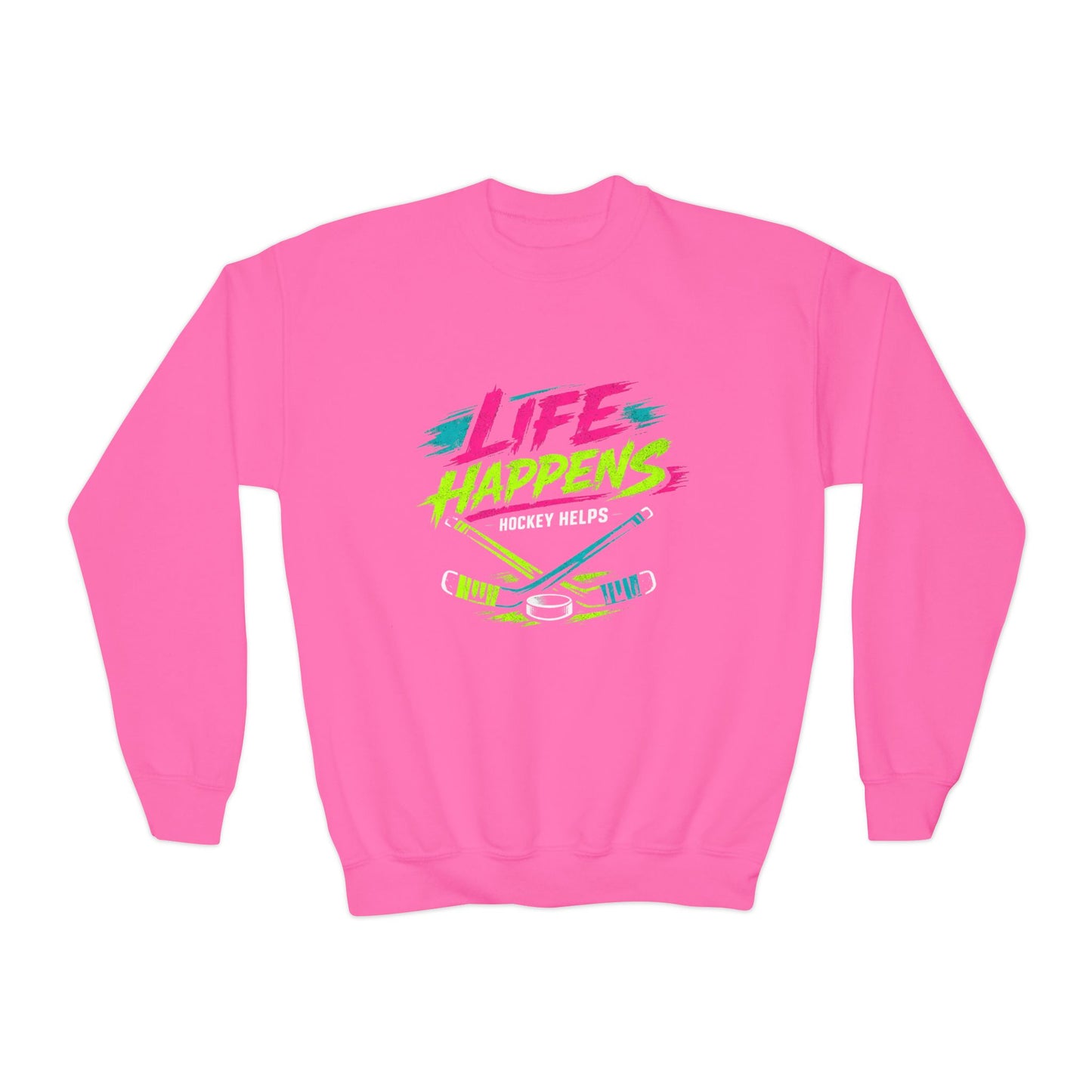 Youth Crewneck Sweatshirt — "Life Happens, Hockey Helps"