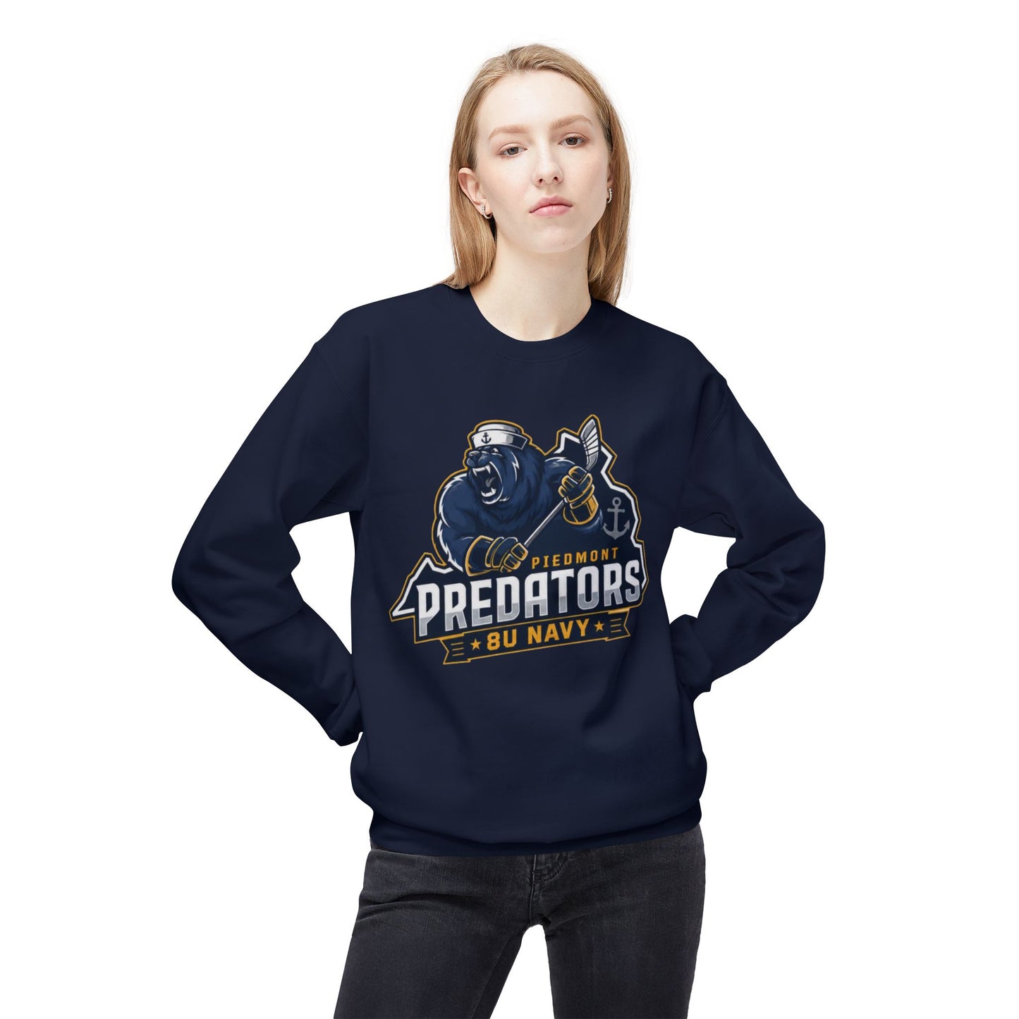 Predators Team Crewneck Sweatshirt — Piedmont 8U Navy  (Back: MOM 43)