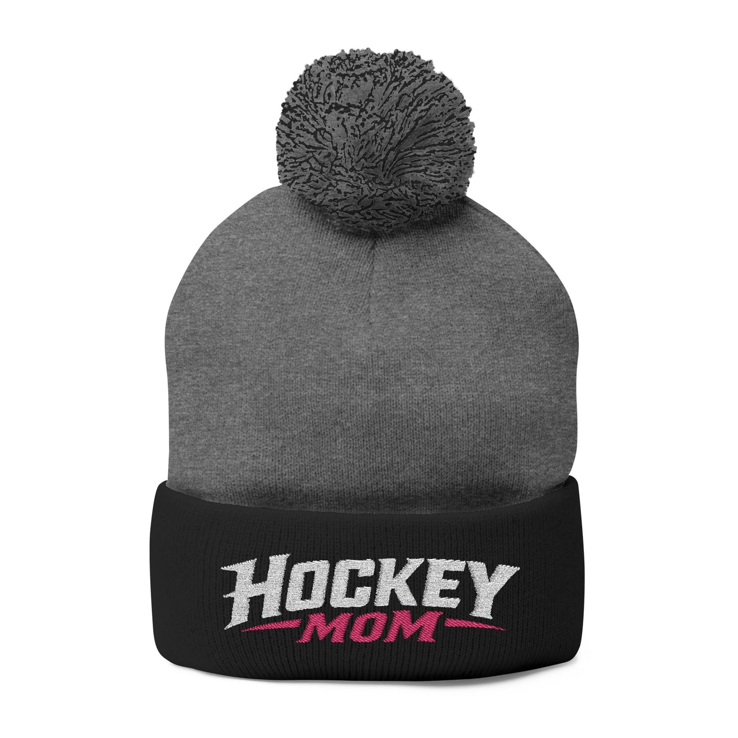 Hockey Mom Pom-Pom Knit Cap — Embroidered Winter Beanie