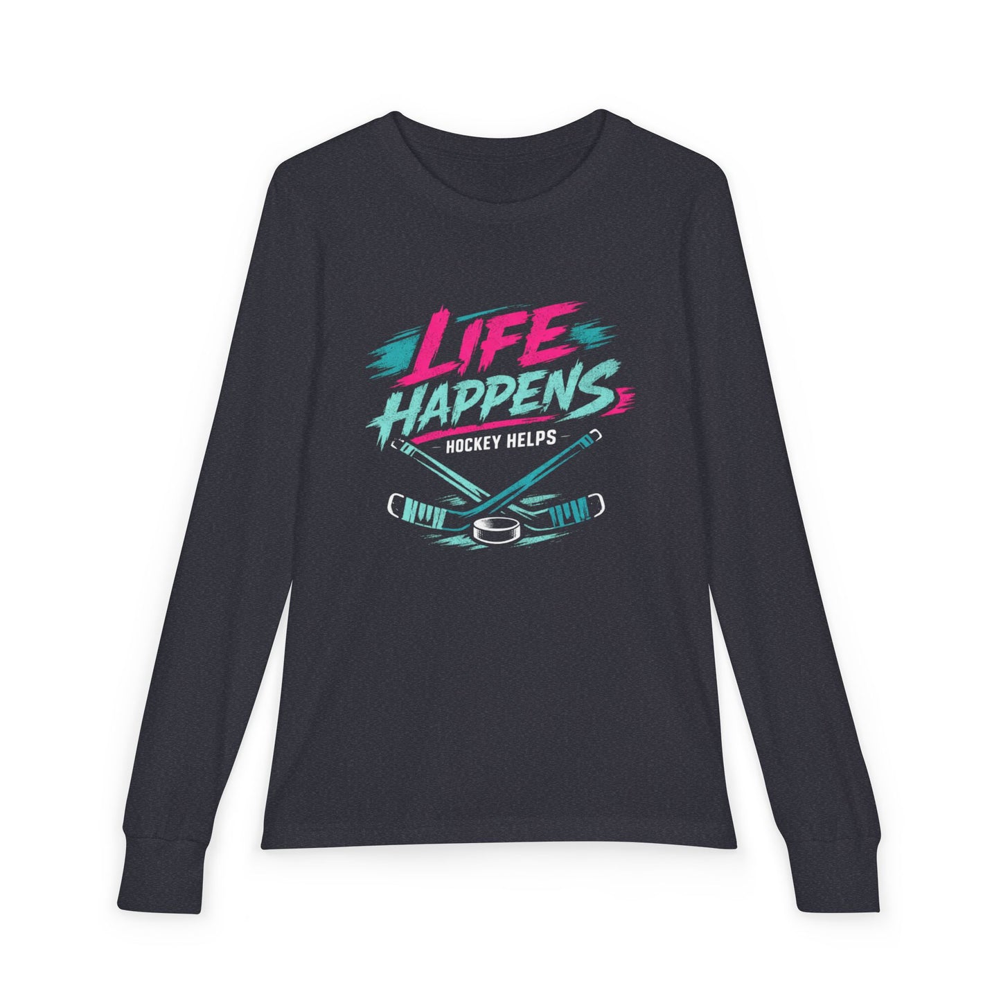 Youth Hockey Long Sleeve Tee — "Life Happens, Hockey Helps"