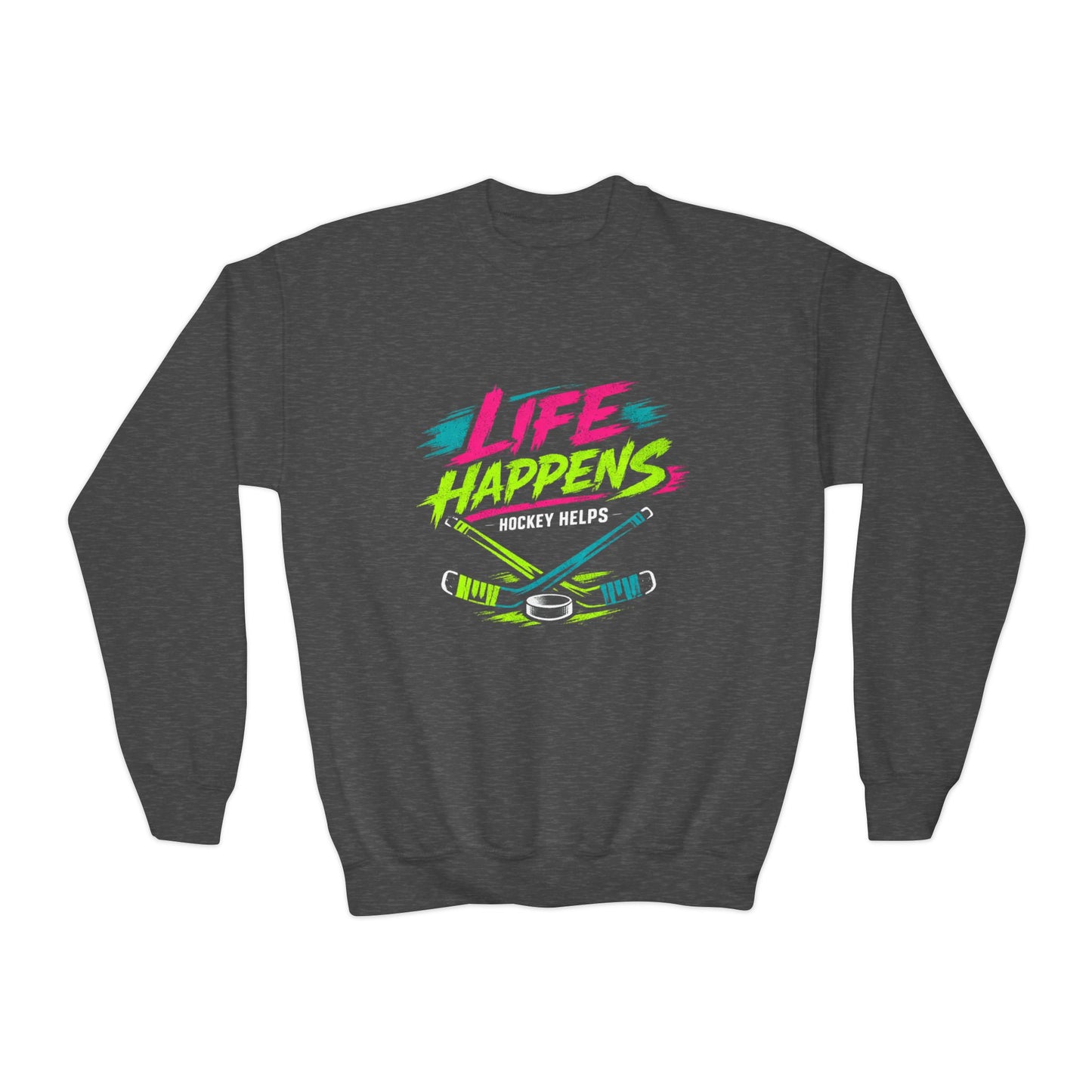 Youth Crewneck Sweatshirt — "Life Happens, Hockey Helps"
