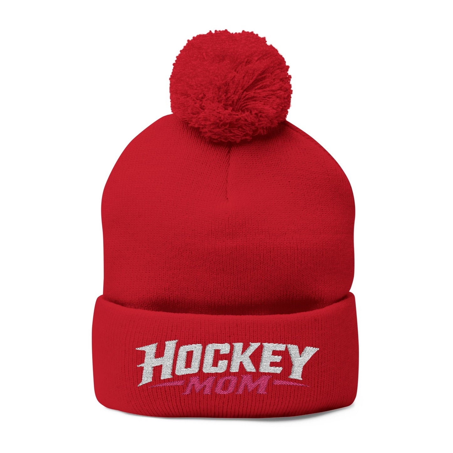 Hockey Mom Pom-Pom Knit Cap — Embroidered Winter Beanie