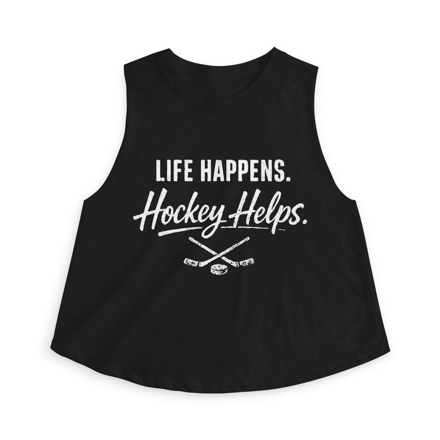 Women's Hockey Crop Top — "Life Happens. Hockey Helps." Athletic Casual Tank