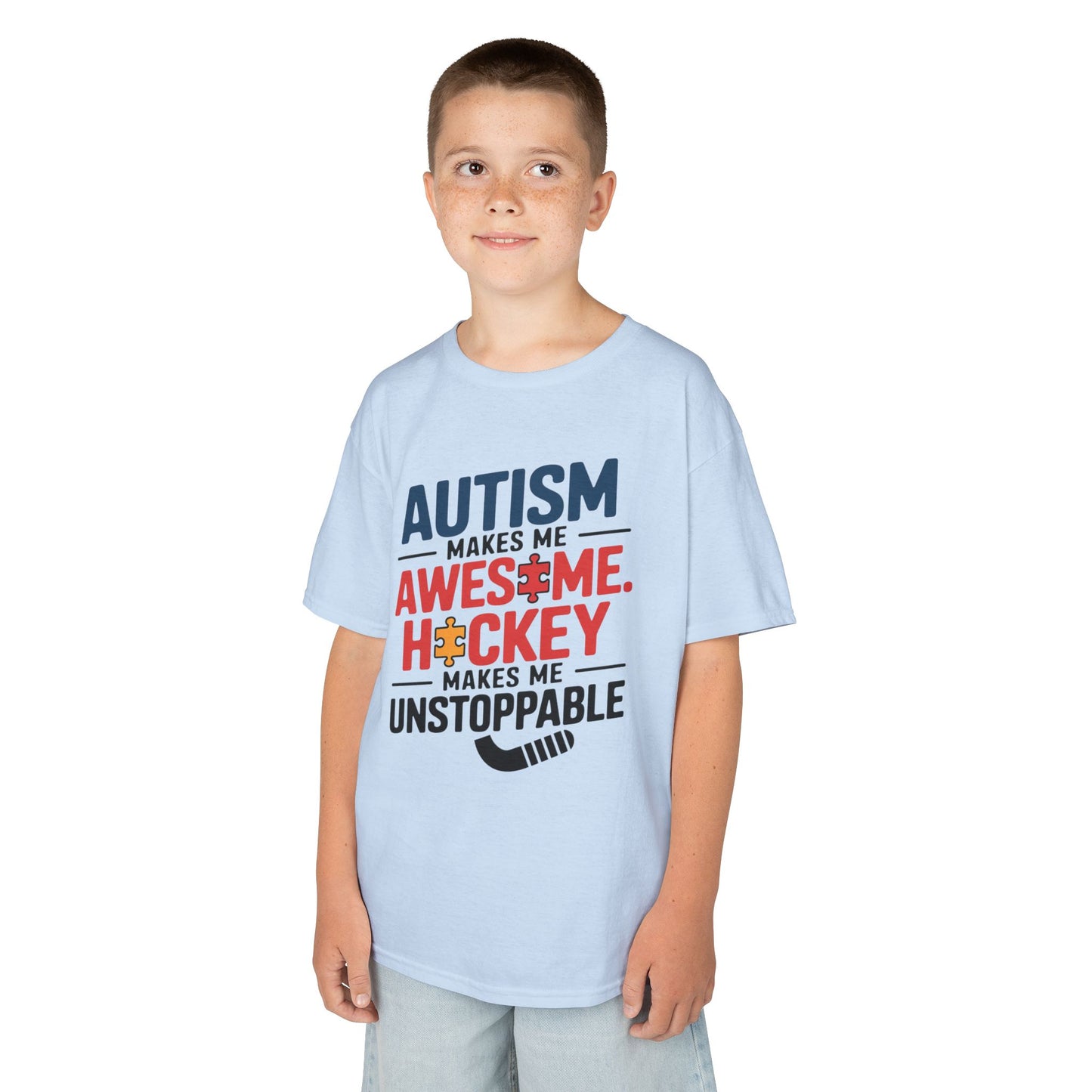Kids Tee — "Autism Makes Me Awesome, Hockey Makes Me Unstoppable" Youth Hockey Awareness Shirt