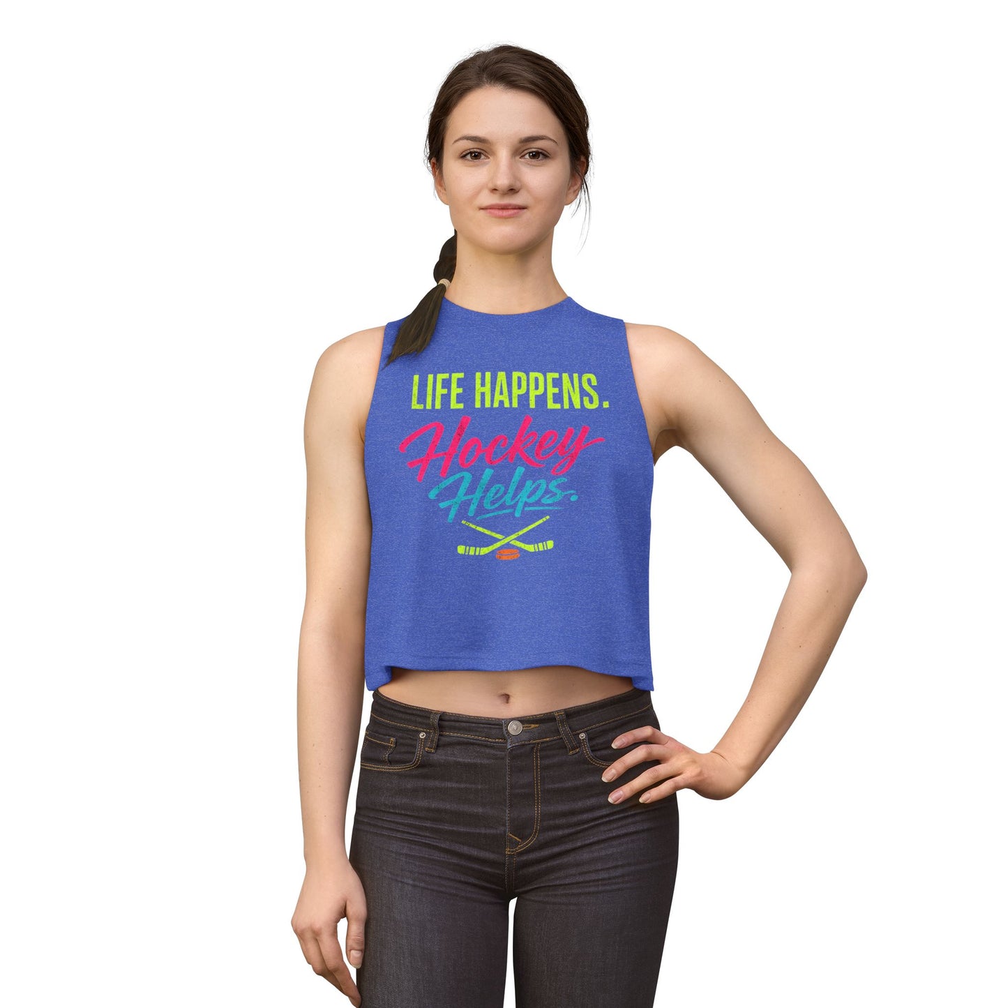 Hockey Helps Crop Top – “Life Happens. Hockey Helps.” Women’s Athletic Tank