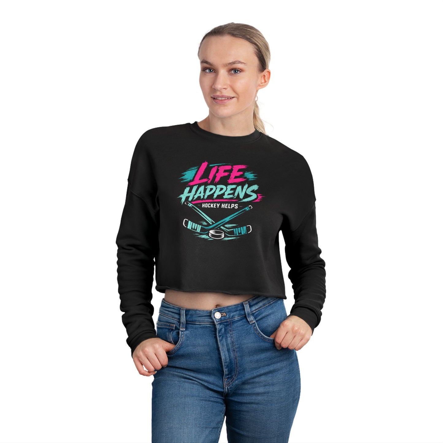 Cropped Sweatshirt — "Life Happens, Hockey Helps"
