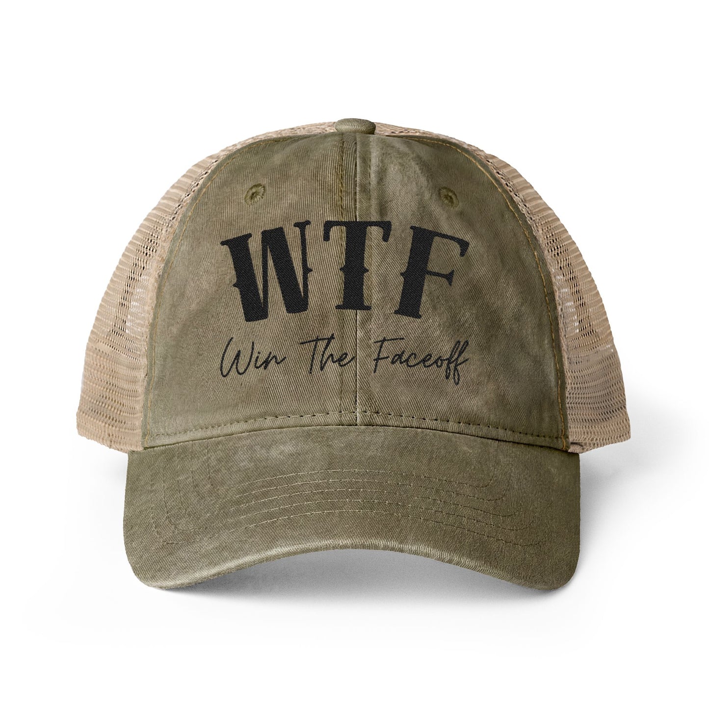W T F Win The Faceoff Women's Washed Mesh-Back Cap