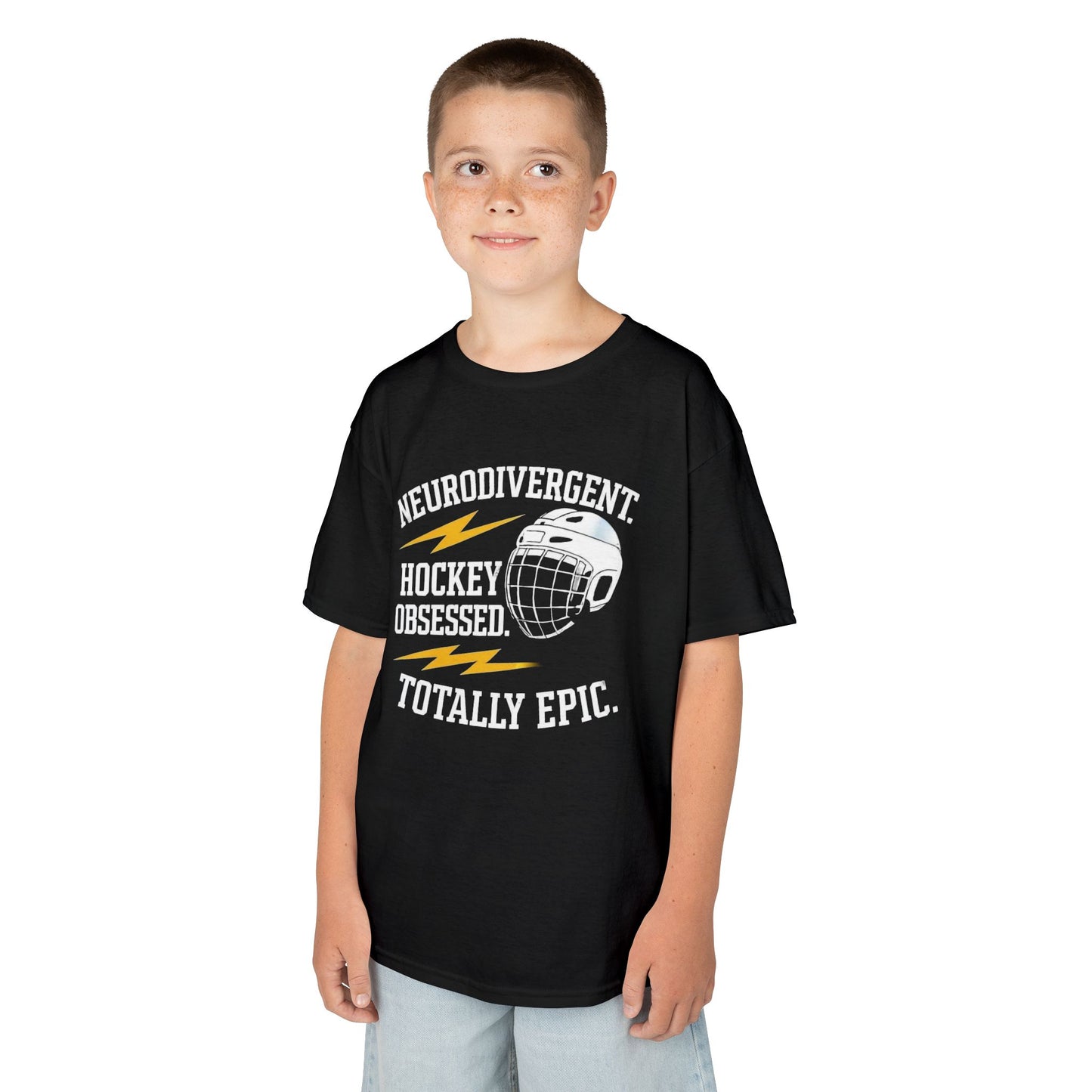 Kids Hockey T‑Shirt — "Neurodivergent Hockey Obsessed, Totally Epic"