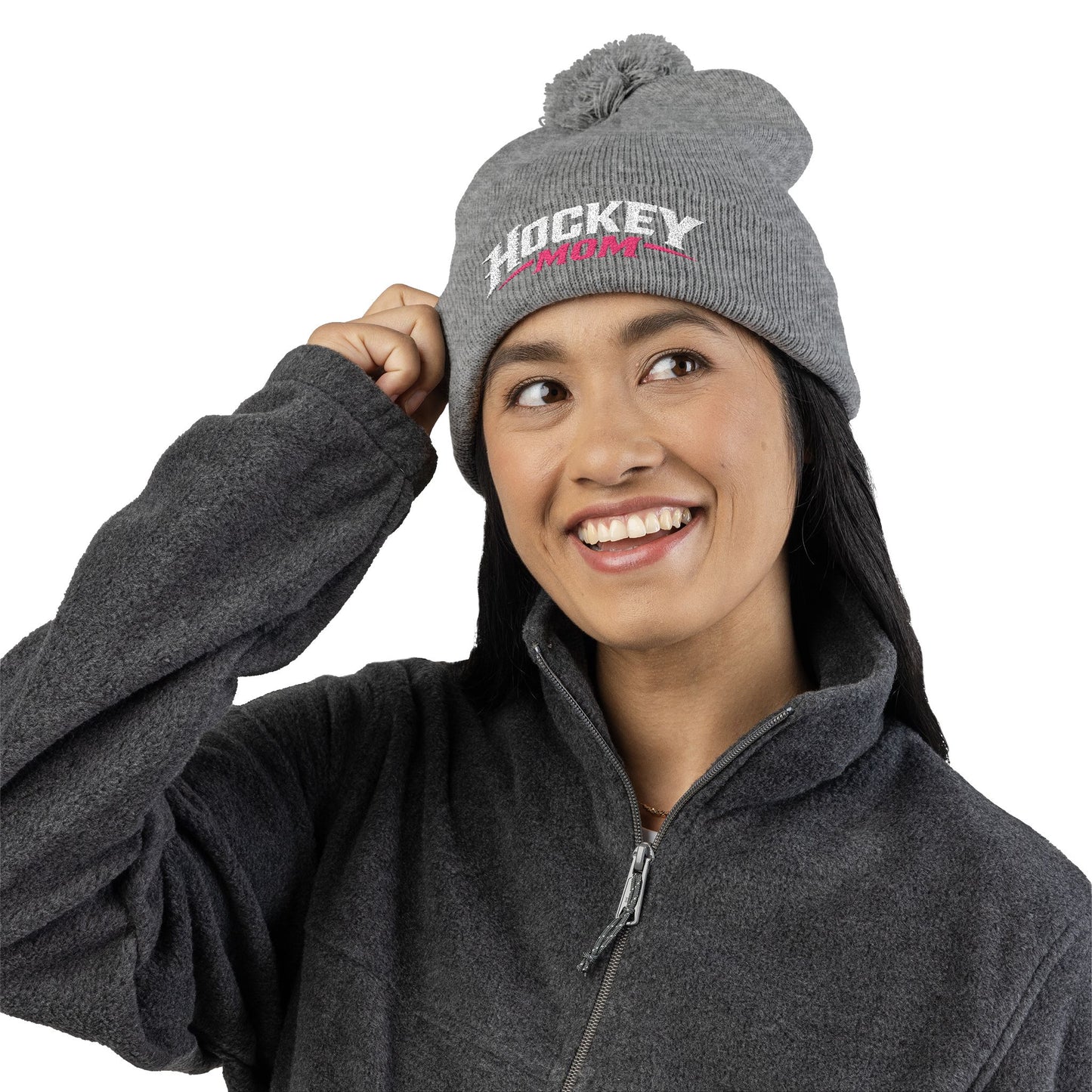 Hockey Mom Pom-Pom Knit Cap — Embroidered Winter Beanie