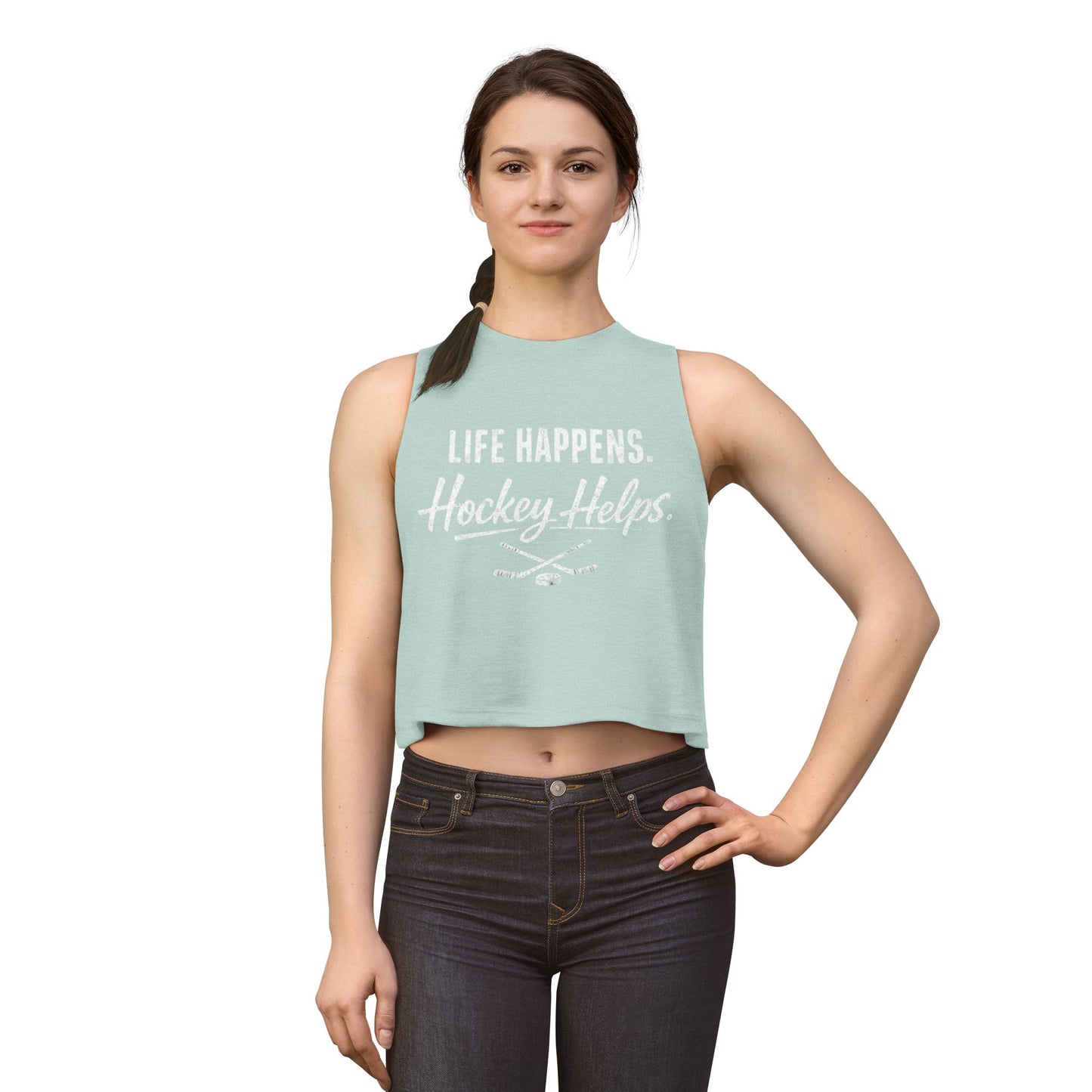 Women's Hockey Crop Top — "Life Happens. Hockey Helps." Athletic Casual Tank