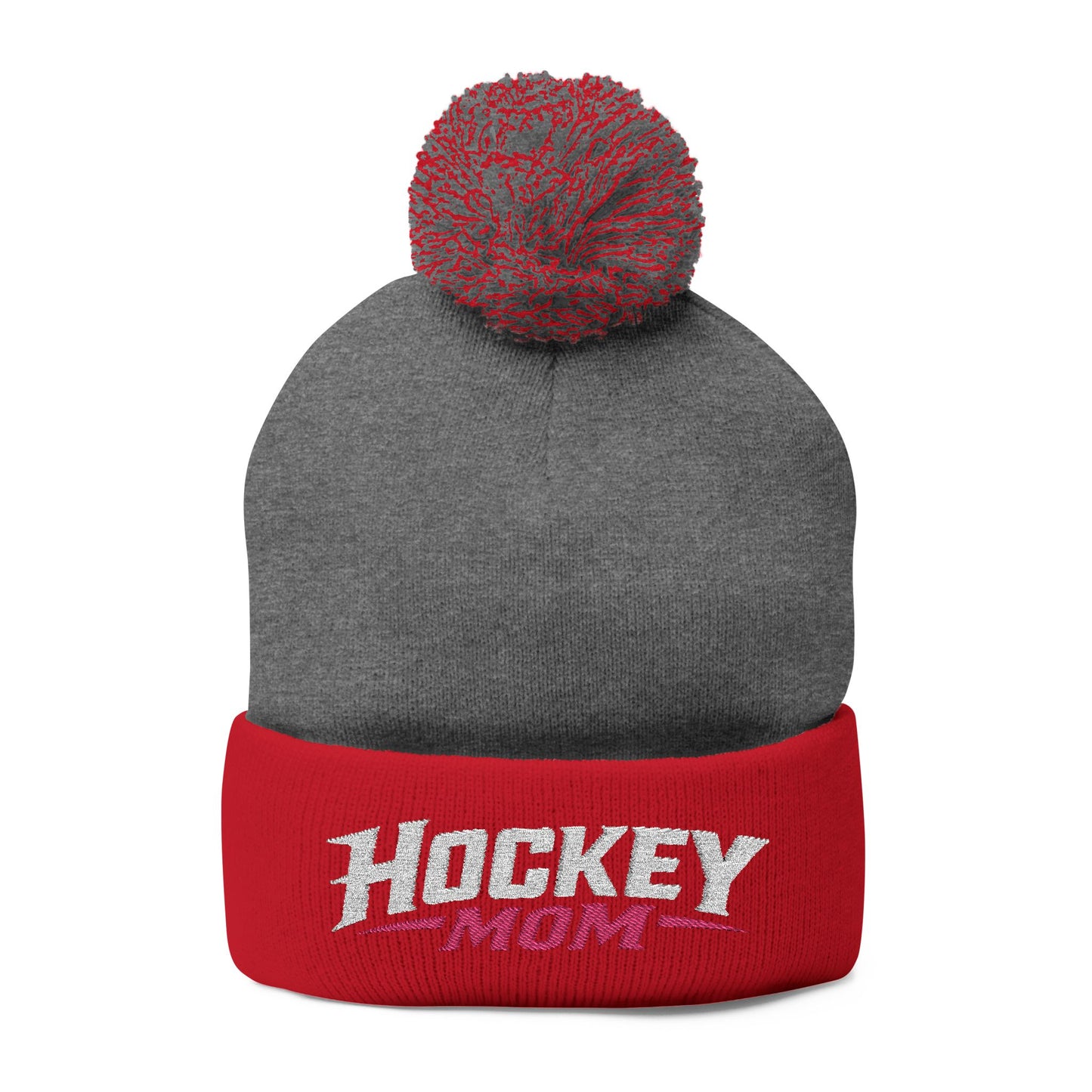 Hockey Mom Pom-Pom Knit Cap — Embroidered Winter Beanie