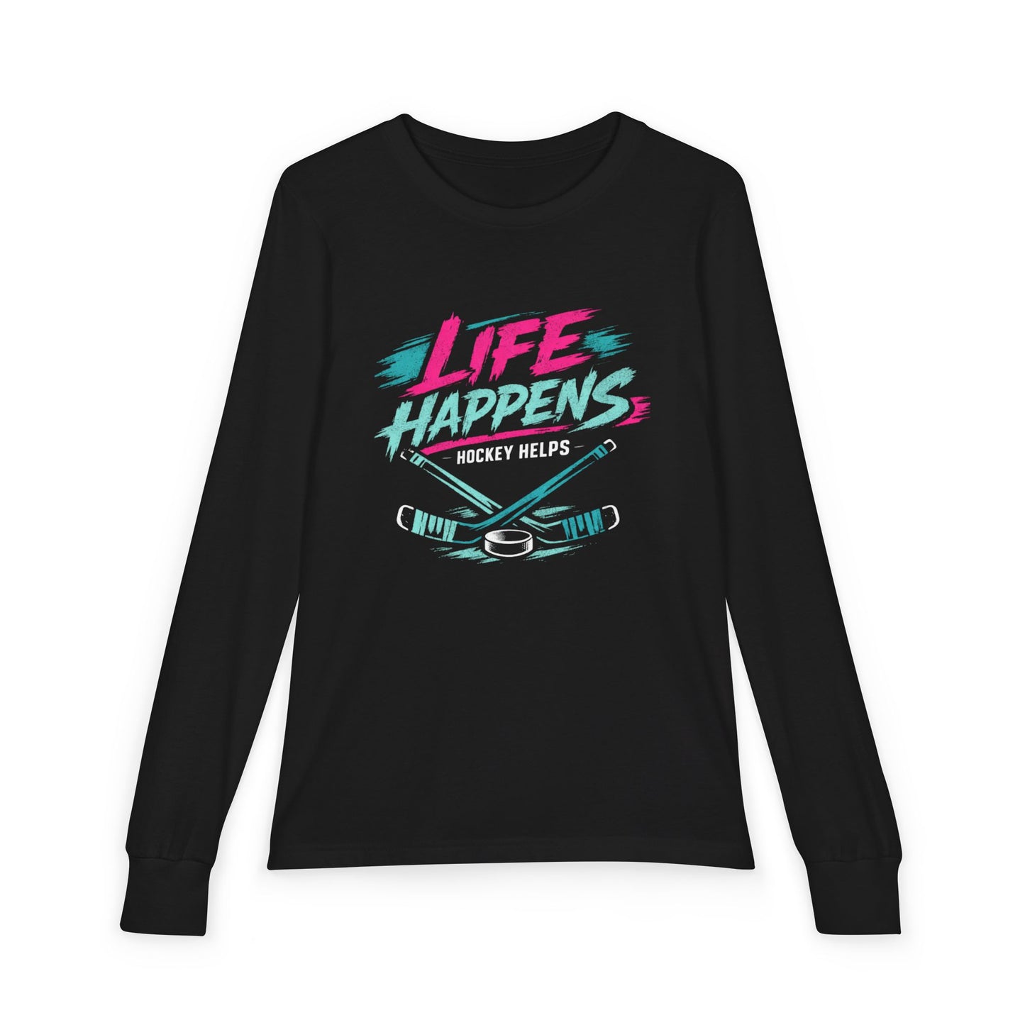 Youth Hockey Long Sleeve Tee — "Life Happens, Hockey Helps"