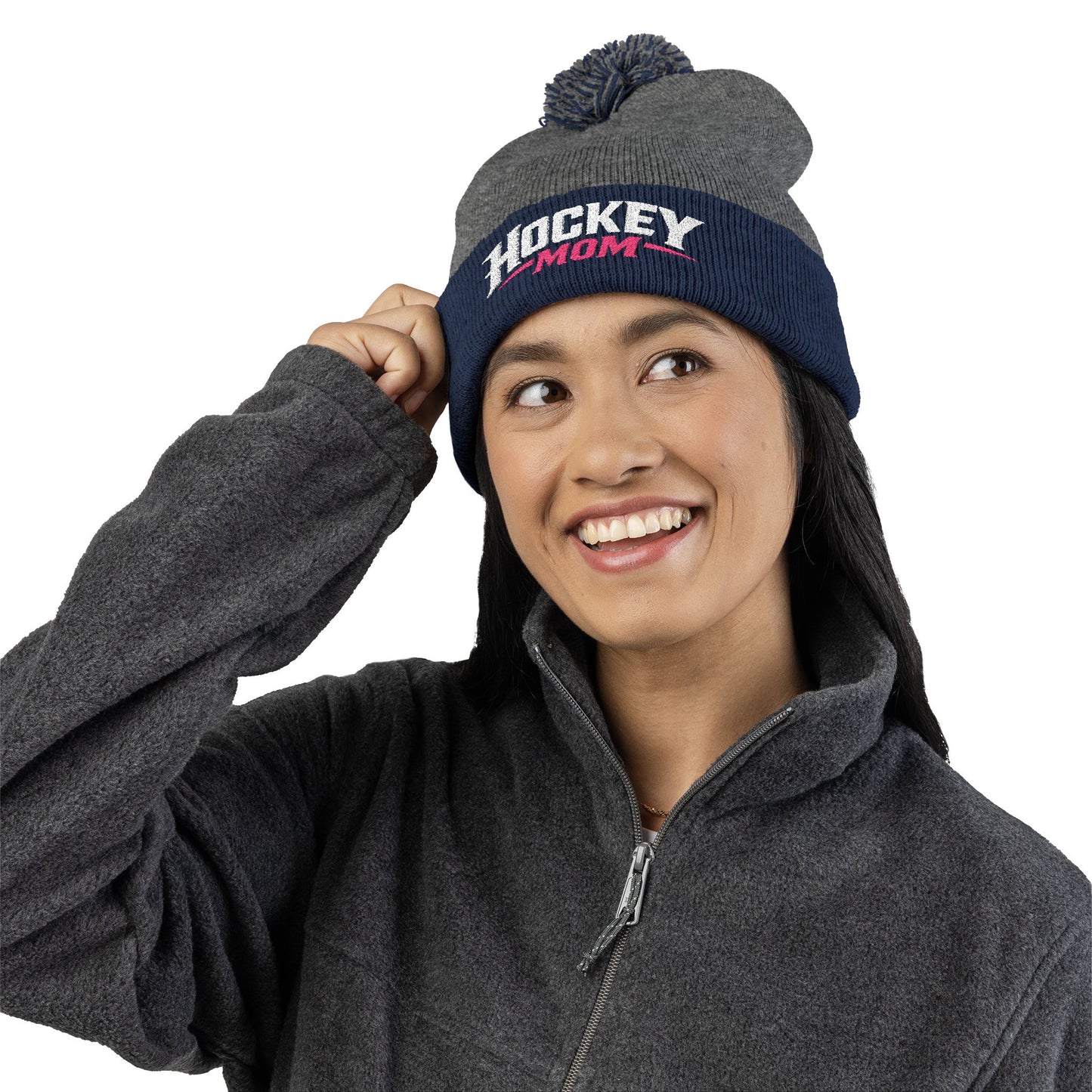 Hockey Mom Pom-Pom Knit Cap — Embroidered Winter Beanie