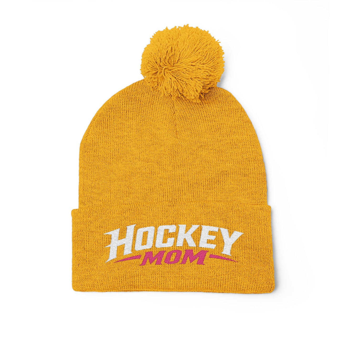 Hockey Mom Pom-Pom Knit Cap — Embroidered Winter Beanie