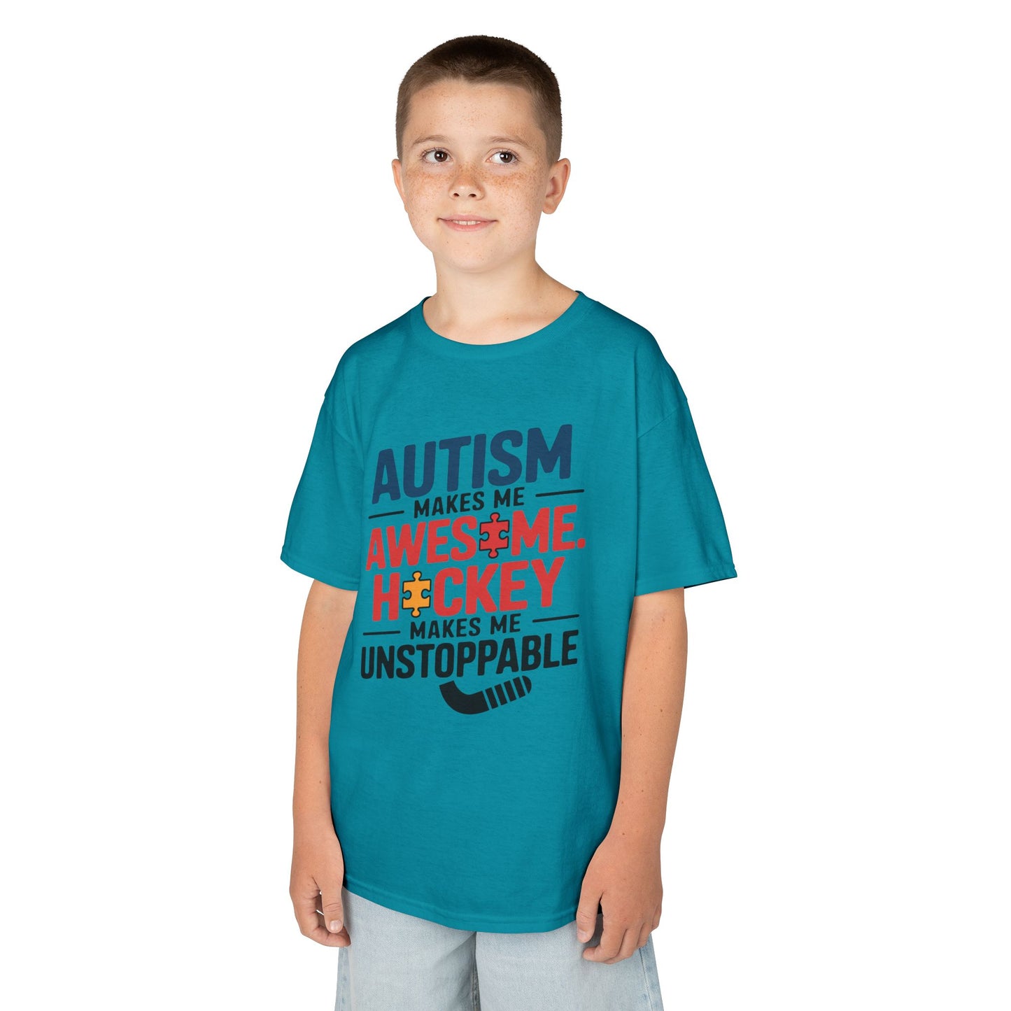 Kids Tee — "Autism Makes Me Awesome, Hockey Makes Me Unstoppable" Youth Hockey Awareness Shirt
