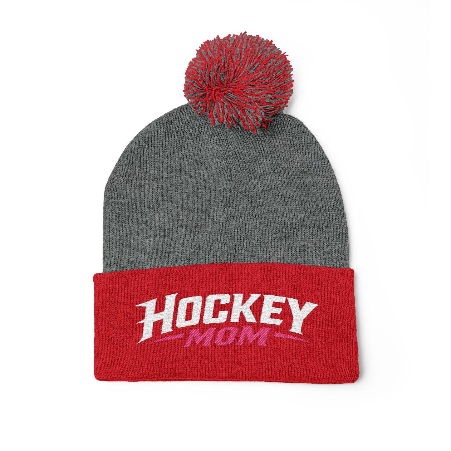 Hockey Mom Pom-Pom Knit Cap — Embroidered Winter Beanie