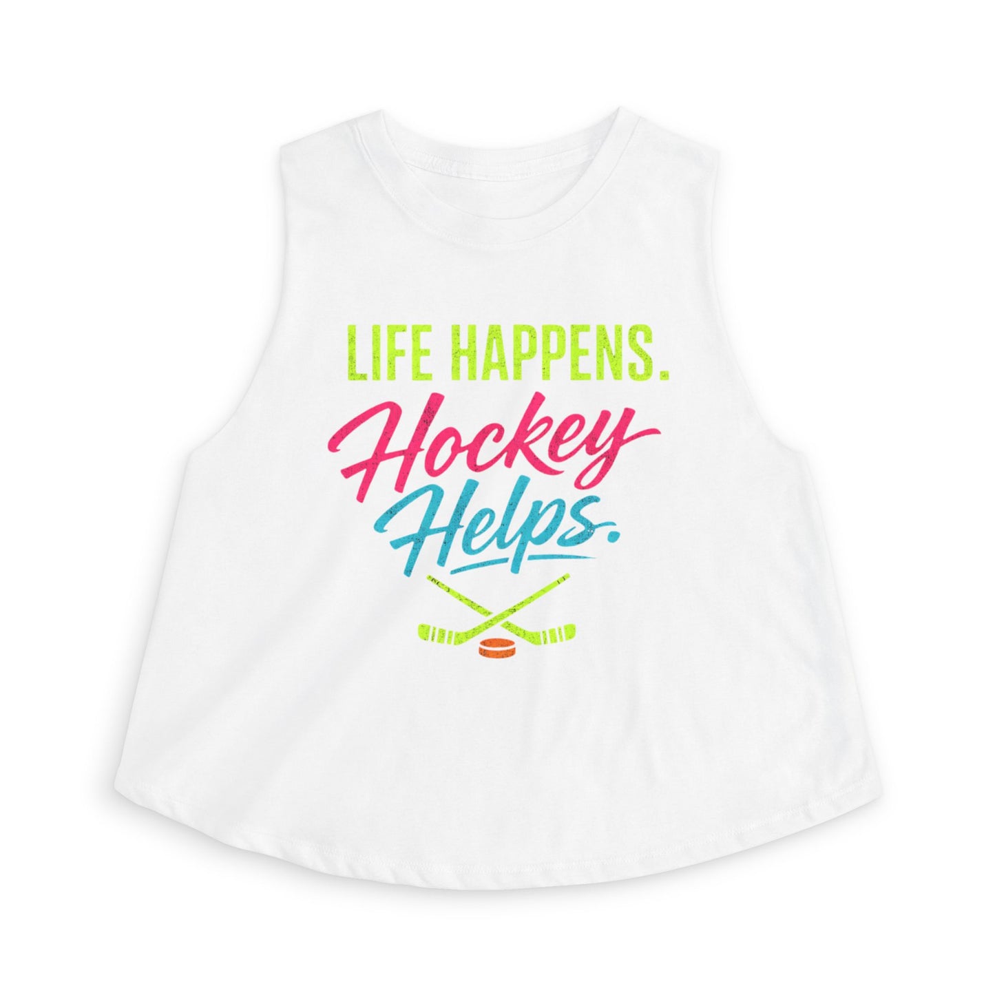 Hockey Helps Crop Top – “Life Happens. Hockey Helps.” Women’s Athletic Tank