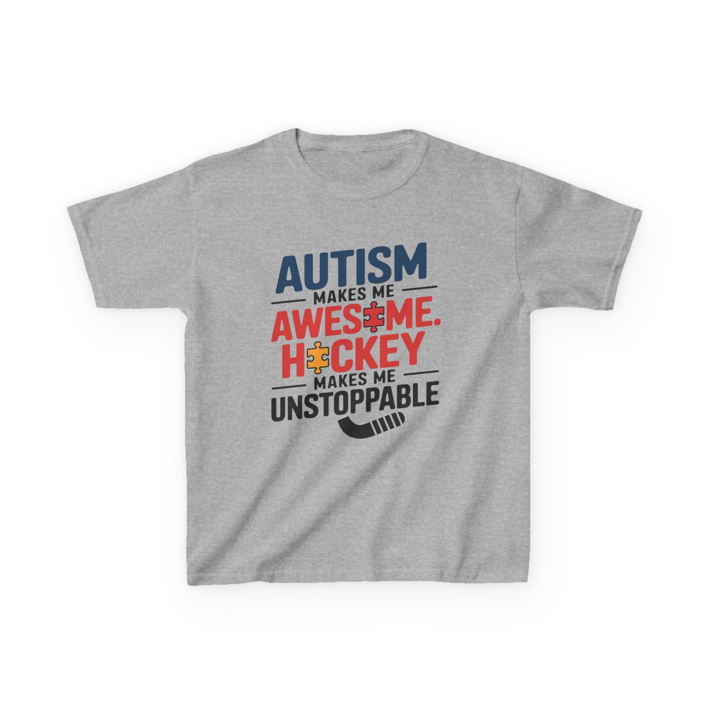 Kids Tee — "Autism Makes Me Awesome, Hockey Makes Me Unstoppable" Youth Hockey Awareness Shirt