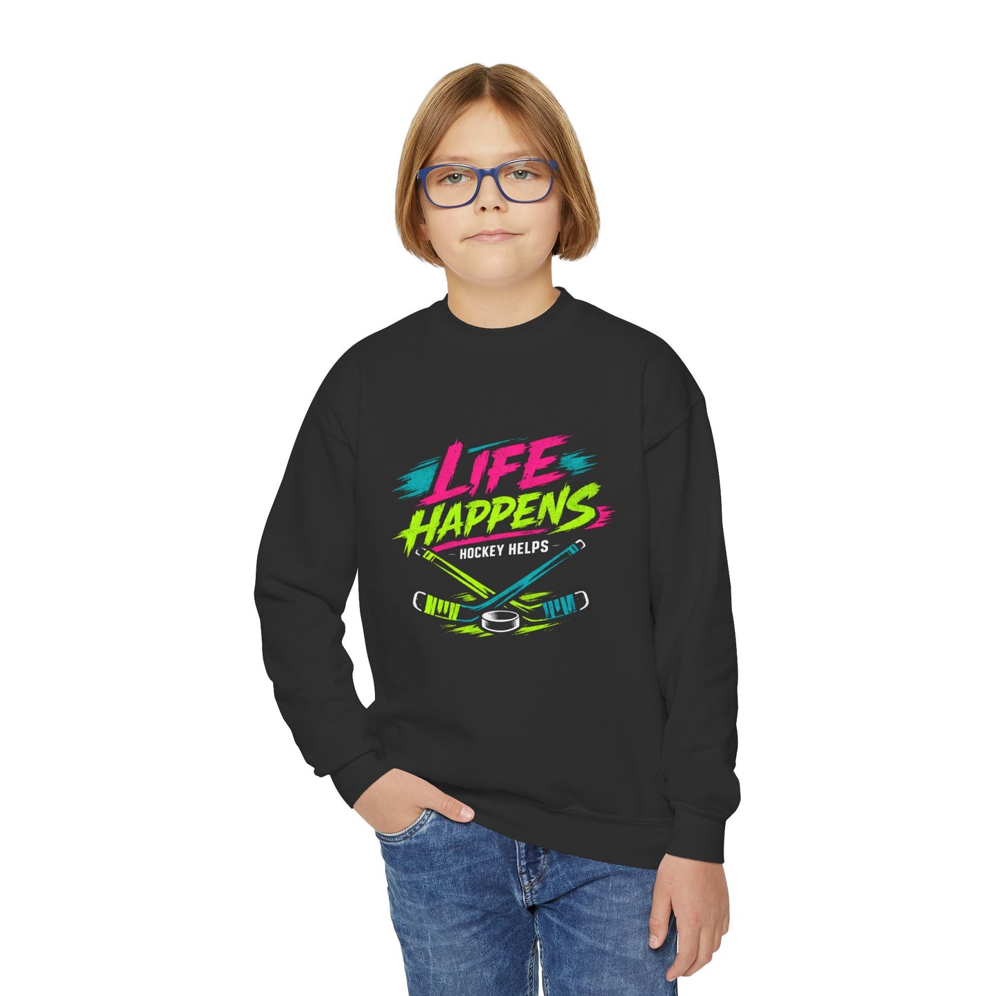 Youth Crewneck Sweatshirt — "Life Happens, Hockey Helps"