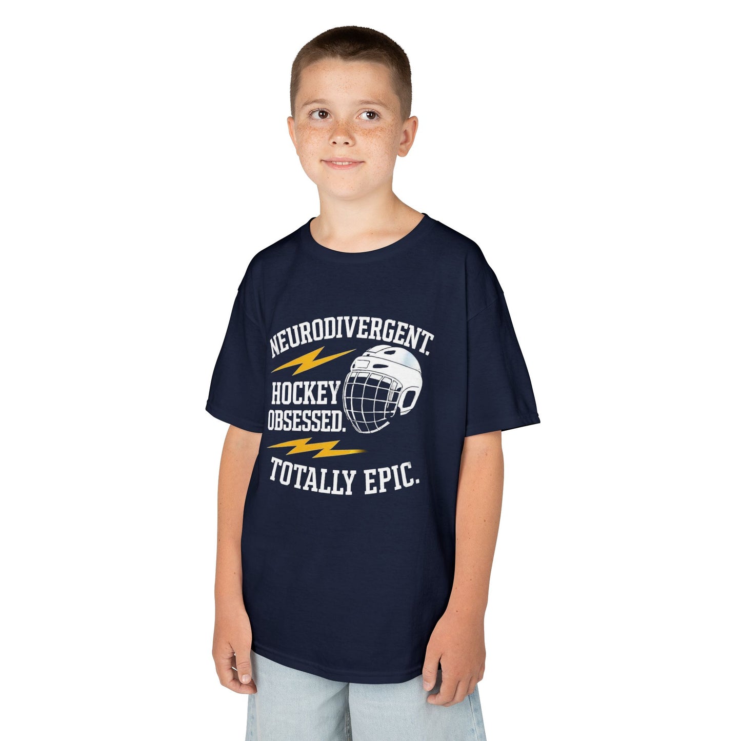 Kids Hockey T‑Shirt — "Neurodivergent Hockey Obsessed, Totally Epic"