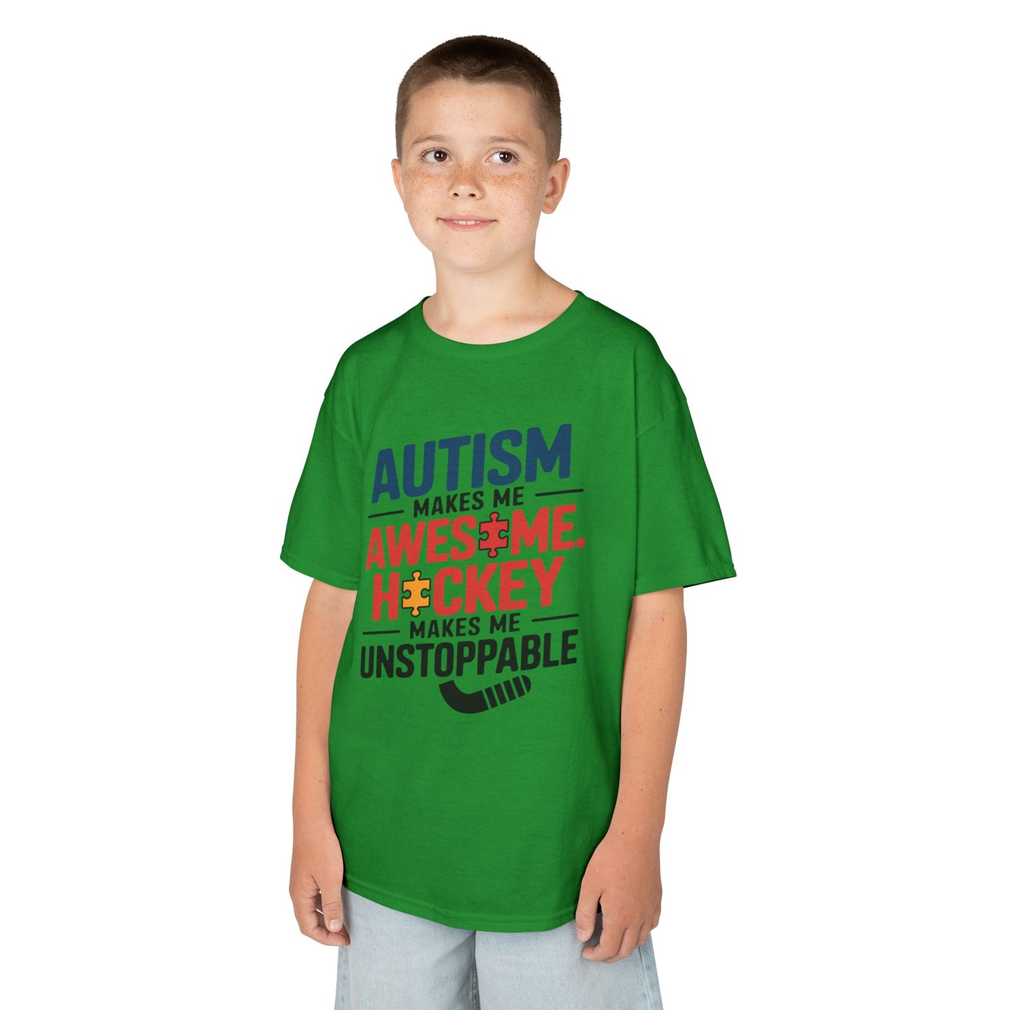 Kids Tee — "Autism Makes Me Awesome, Hockey Makes Me Unstoppable" Youth Hockey Awareness Shirt