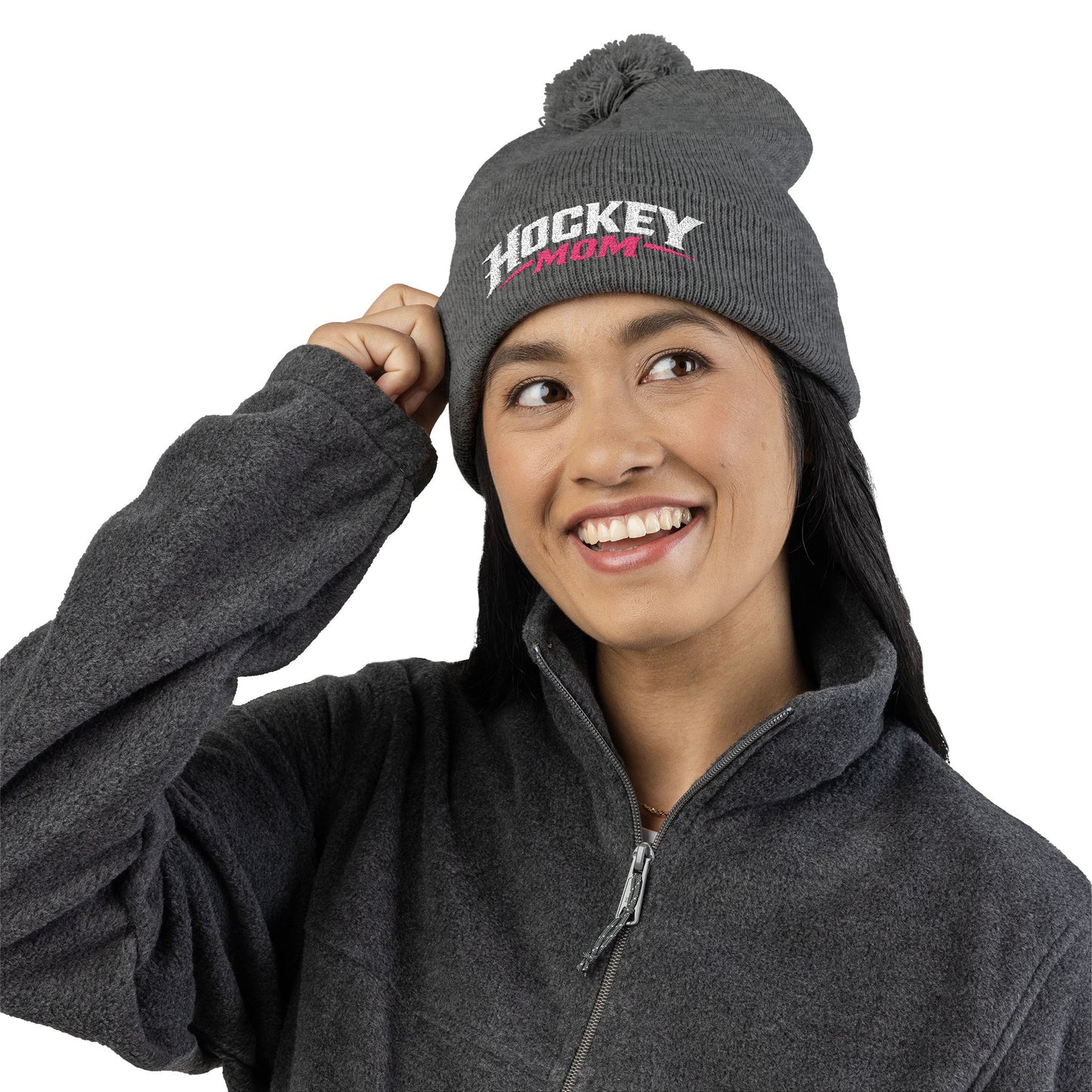 Hockey Mom Pom-Pom Knit Cap — Embroidered Winter Beanie