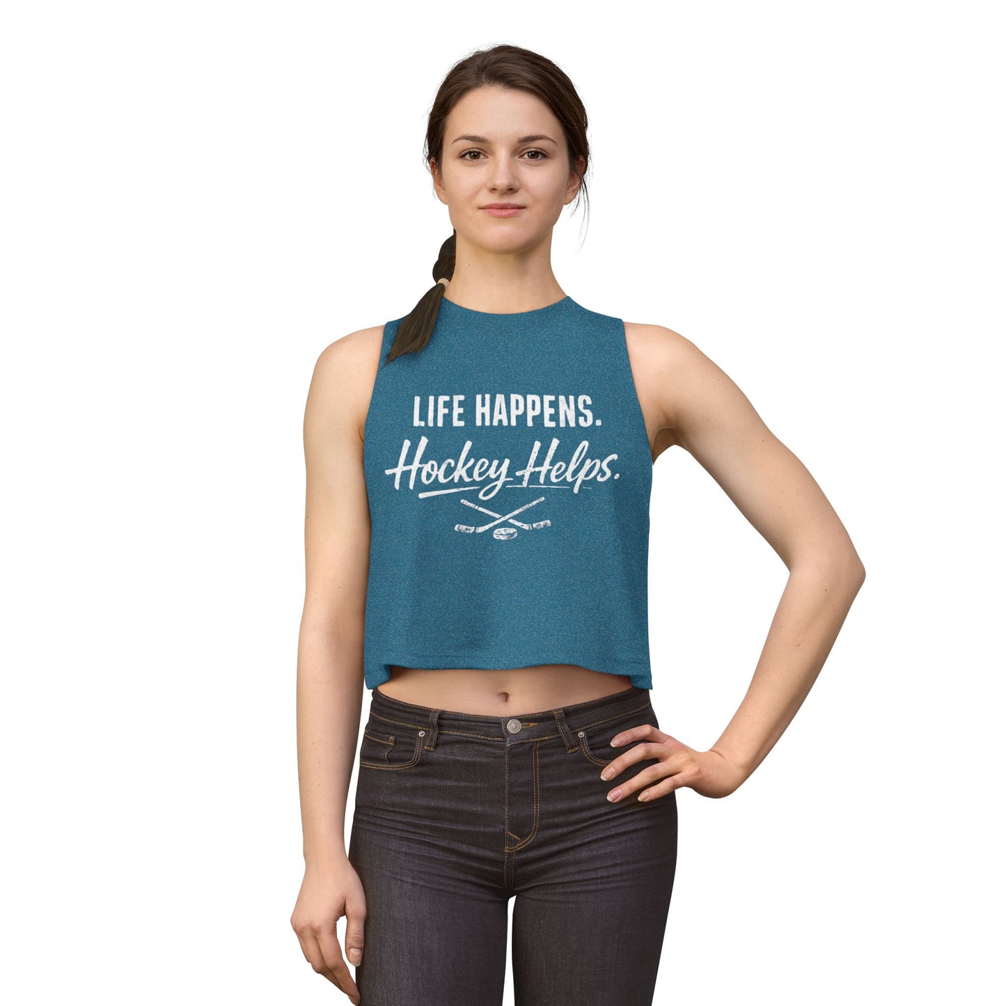 Women's Hockey Crop Top — "Life Happens. Hockey Helps." Athletic Casual Tank