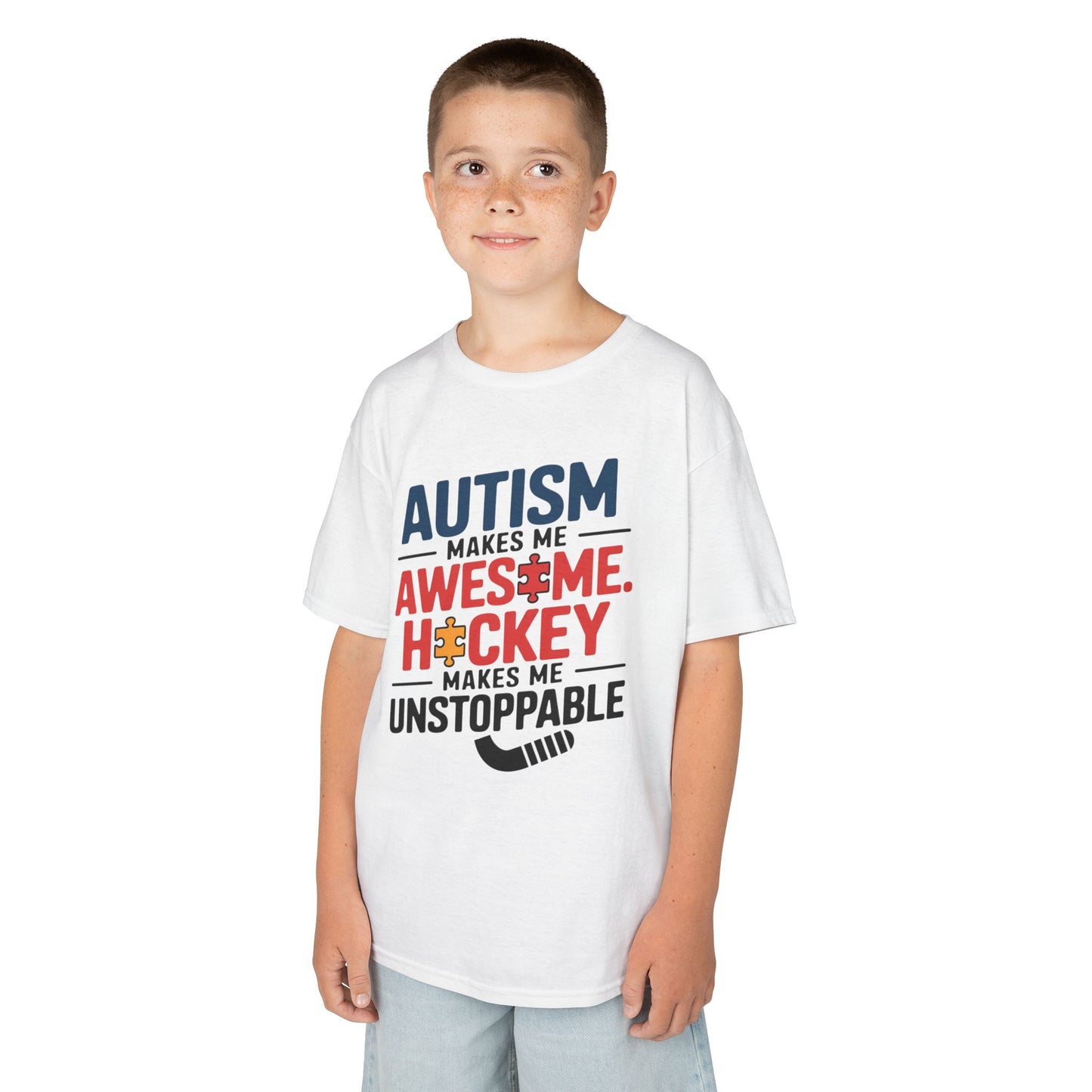 Kids Tee — "Autism Makes Me Awesome, Hockey Makes Me Unstoppable" Youth Hockey Awareness Shirt