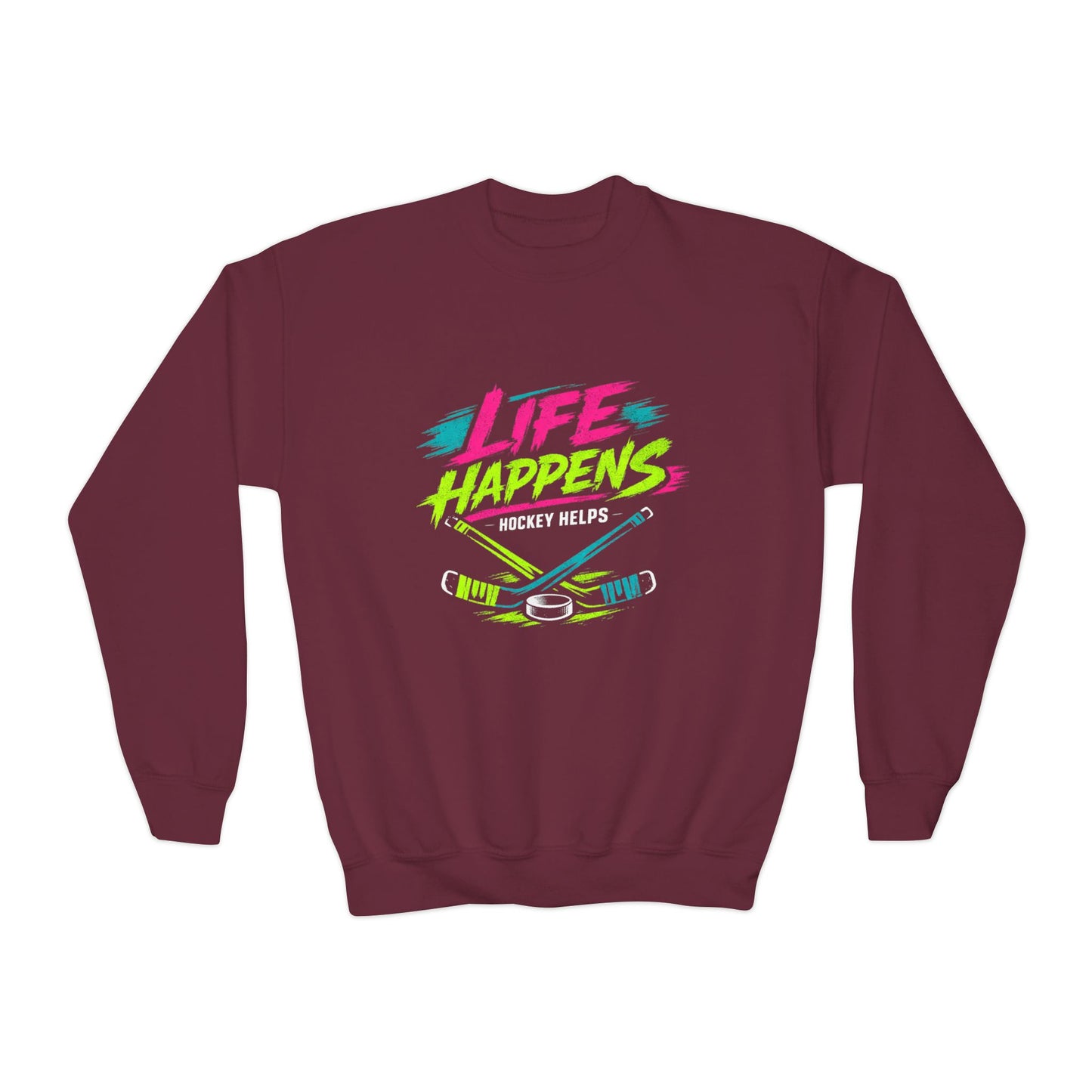 Youth Crewneck Sweatshirt — "Life Happens, Hockey Helps"