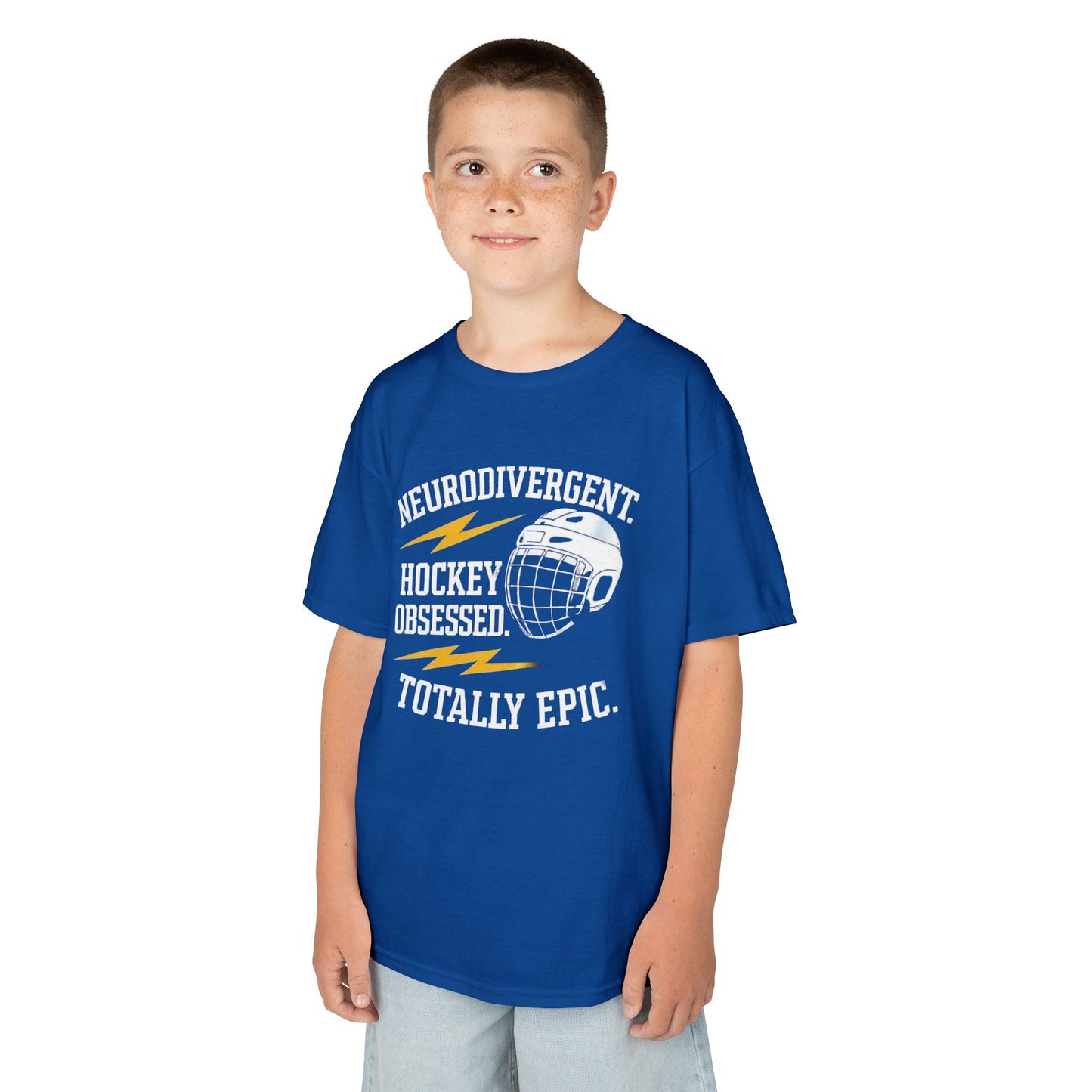 Kids Hockey T‑Shirt — "Neurodivergent Hockey Obsessed, Totally Epic"