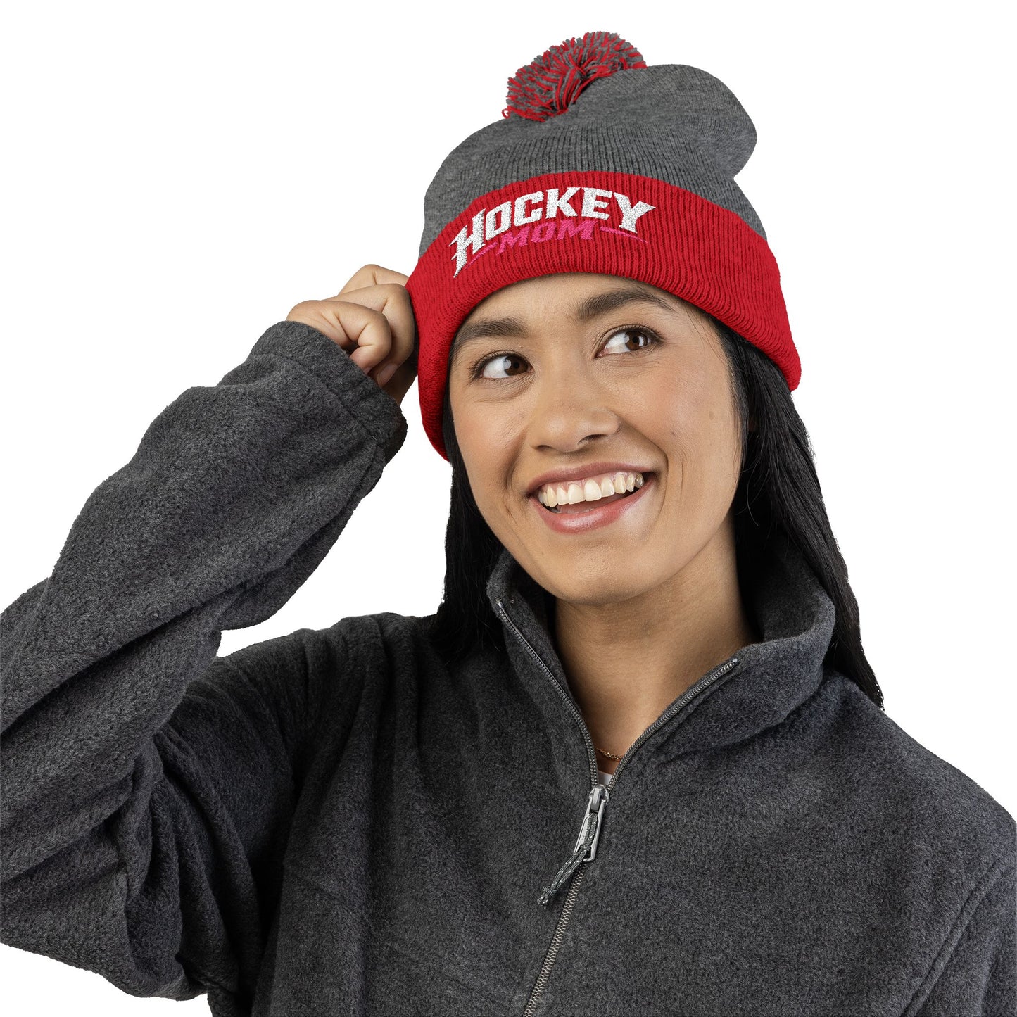 Hockey Mom Pom-Pom Knit Cap — Embroidered Winter Beanie