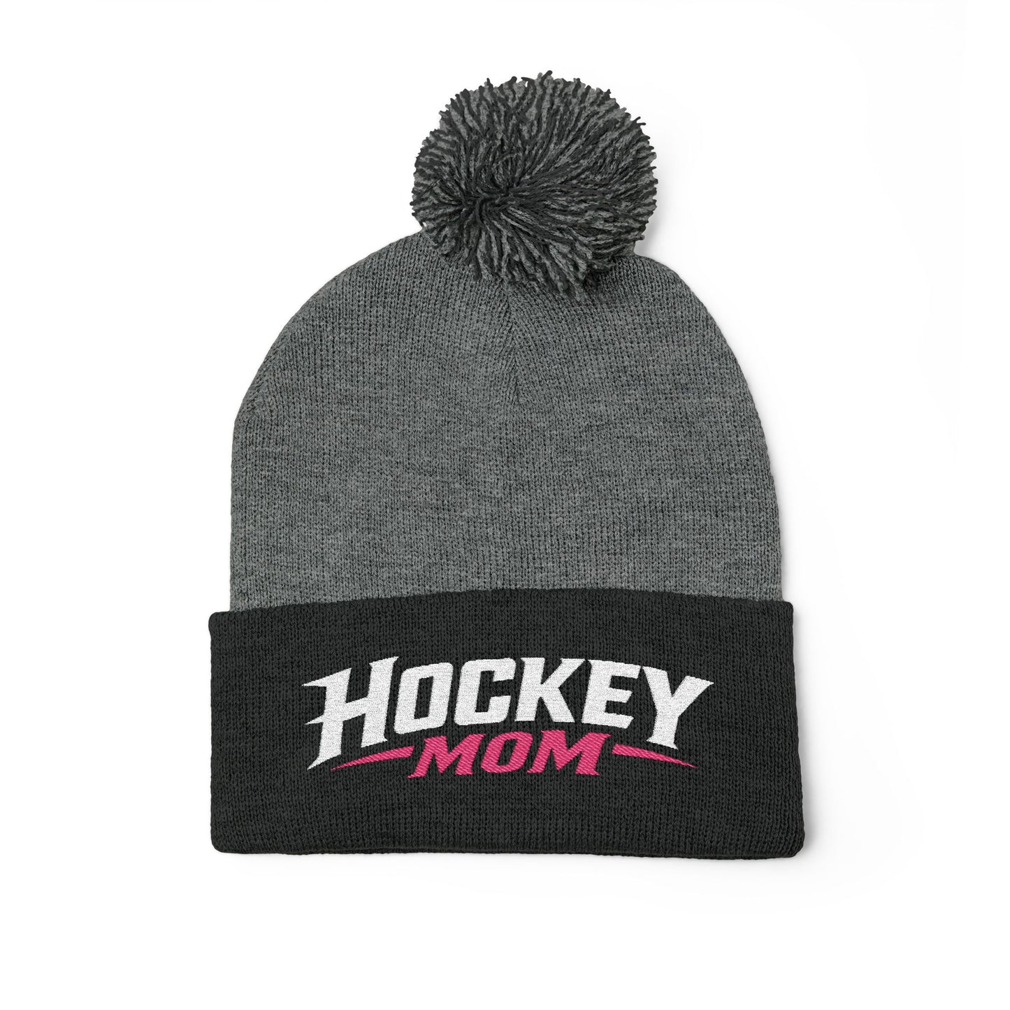 Hockey Mom Pom-Pom Knit Cap — Embroidered Winter Beanie