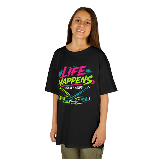 Kids Tee — "Life Happens, Hockey Helps"