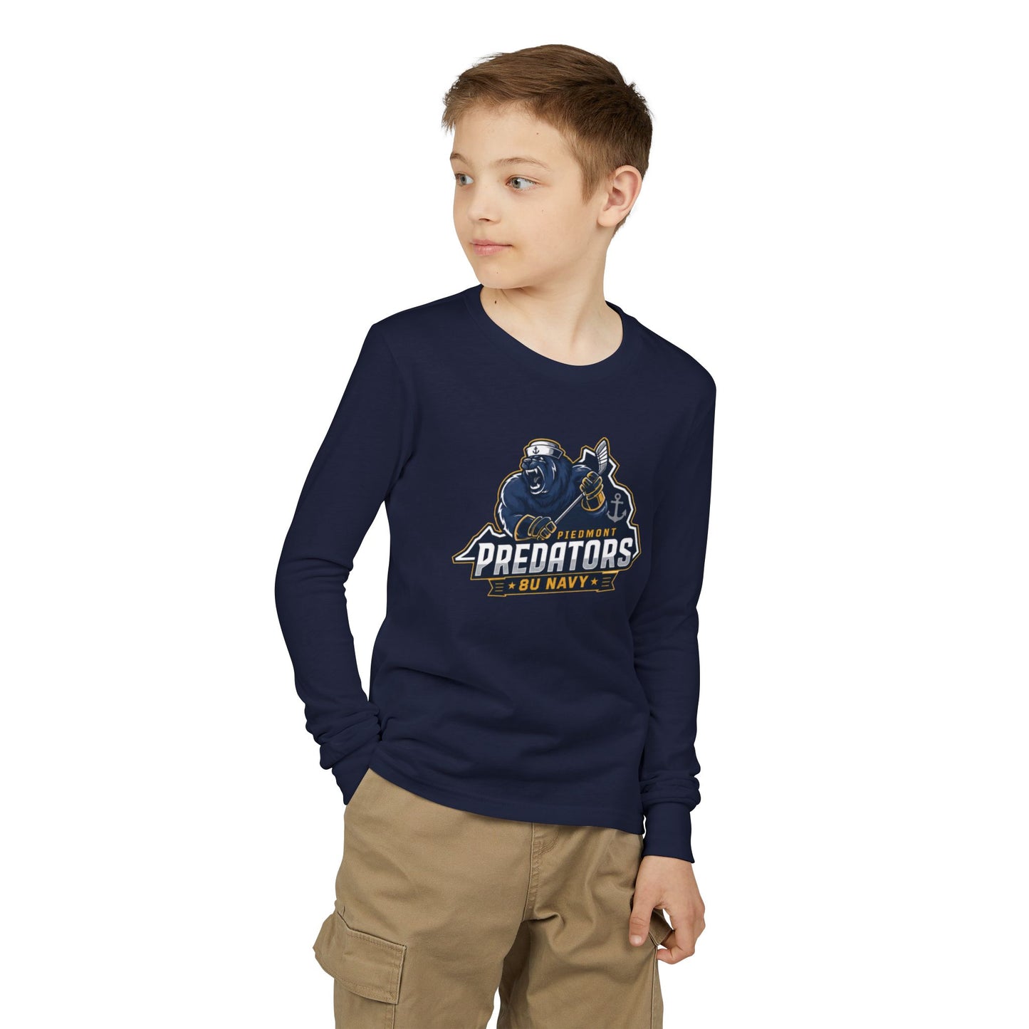 Predators 8U Navy Youth Long Sleeve Tee — Mascot Sports Team Shirt