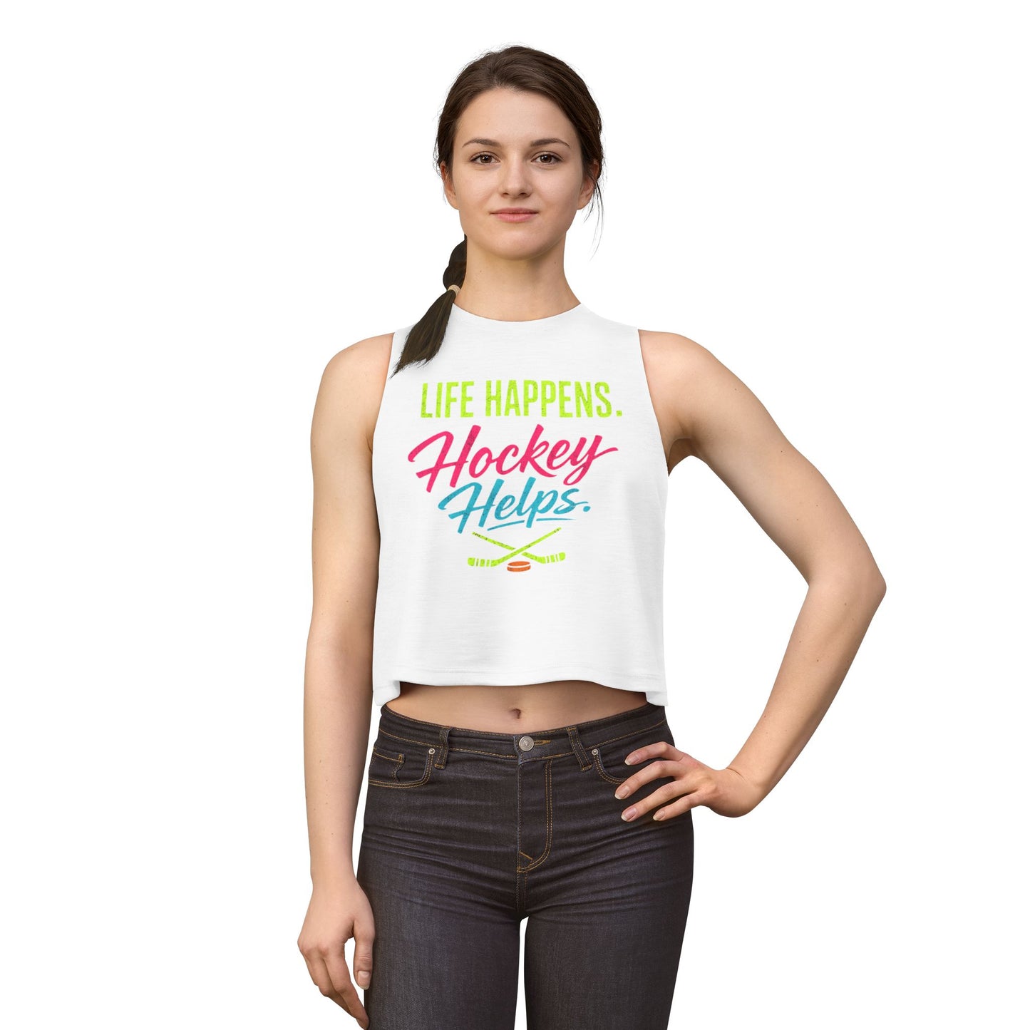 Hockey Helps Crop Top – “Life Happens. Hockey Helps.” Women’s Athletic Tank
