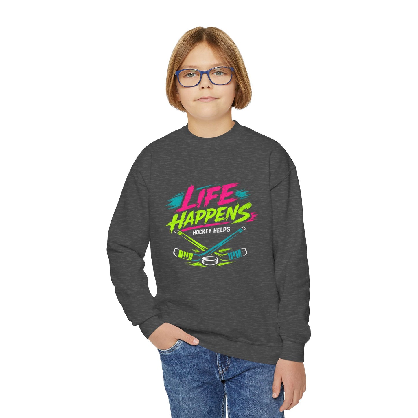 Youth Crewneck Sweatshirt — "Life Happens, Hockey Helps"