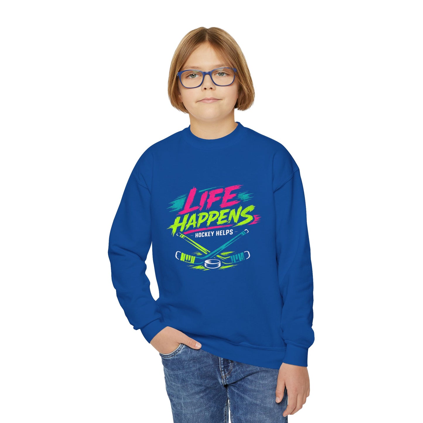 Youth Crewneck Sweatshirt — "Life Happens, Hockey Helps"