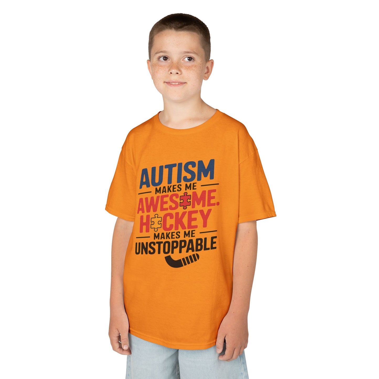 Kids Tee — "Autism Makes Me Awesome, Hockey Makes Me Unstoppable" Youth Hockey Awareness Shirt