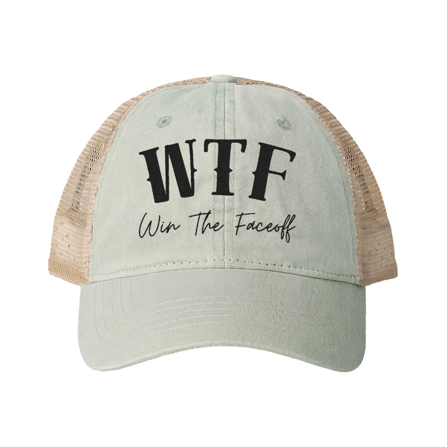 W T F Win The Faceoff Women's Washed Mesh-Back Cap