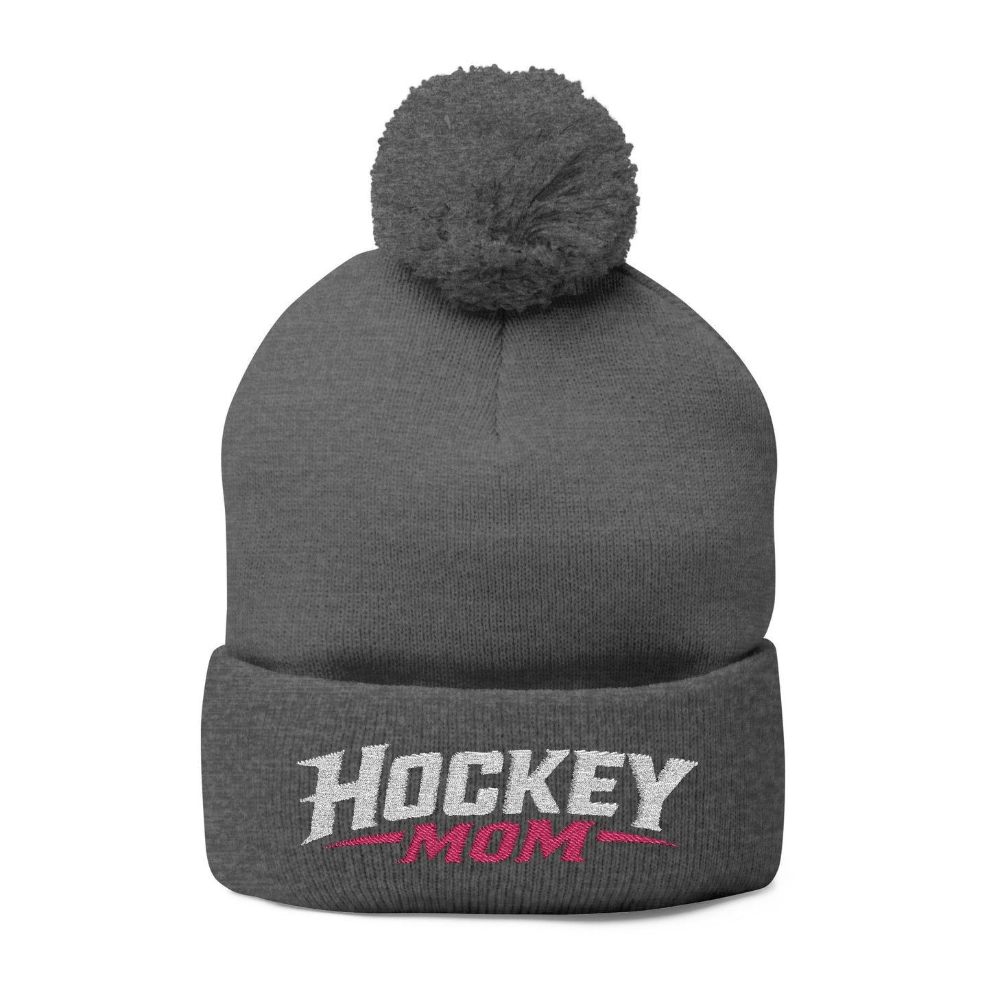 Hockey Mom Pom-Pom Knit Cap — Embroidered Winter Beanie