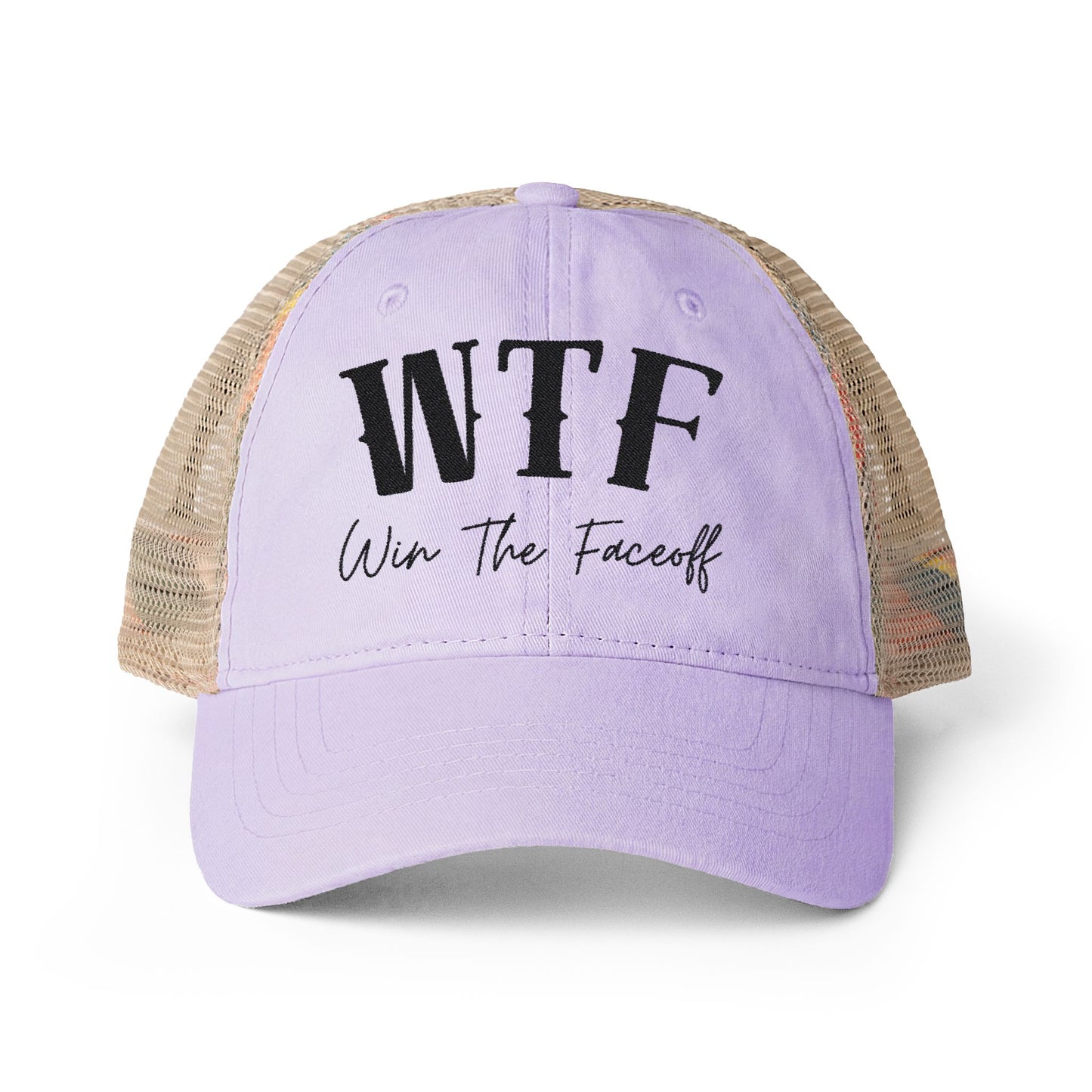 W T F Win The Faceoff Women's Washed Mesh-Back Cap