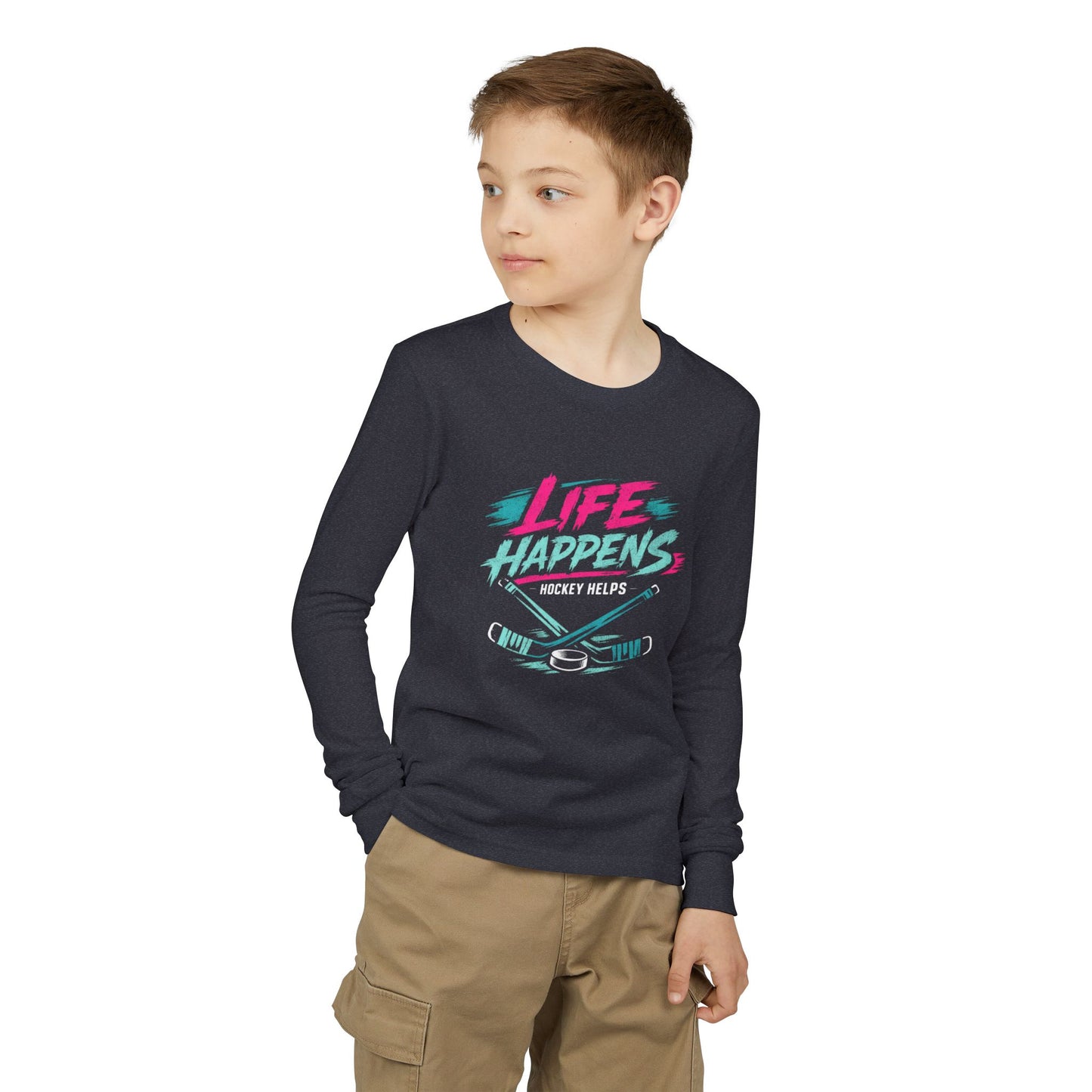Youth Hockey Long Sleeve Tee — "Life Happens, Hockey Helps"