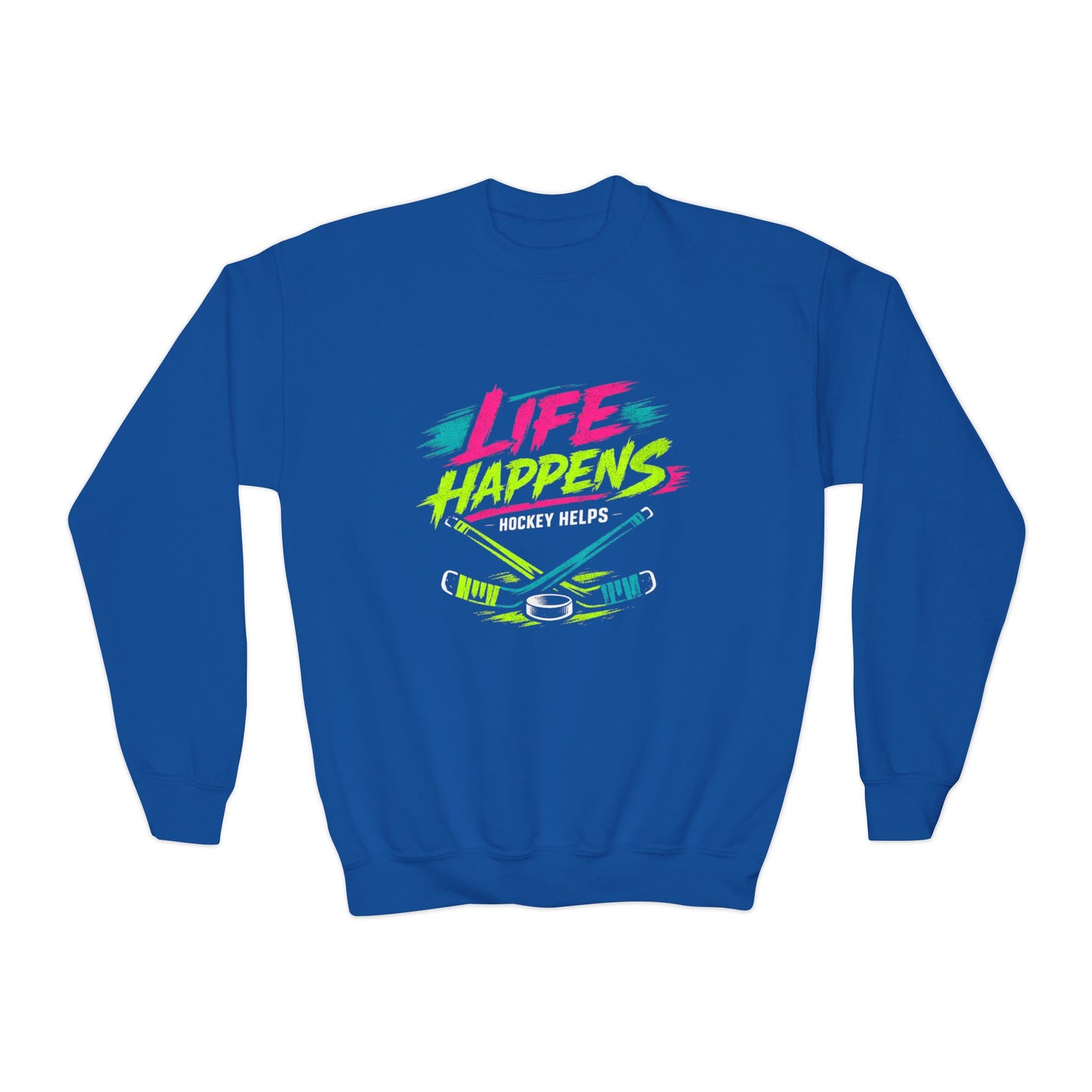 Youth Crewneck Sweatshirt — "Life Happens, Hockey Helps"