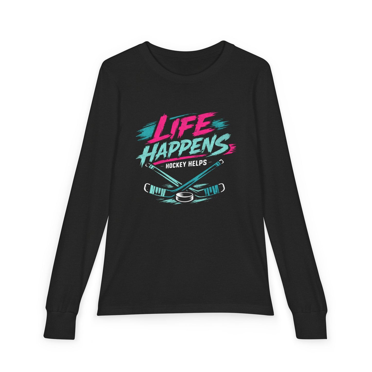 Youth Hockey Long Sleeve Tee — "Life Happens, Hockey Helps"