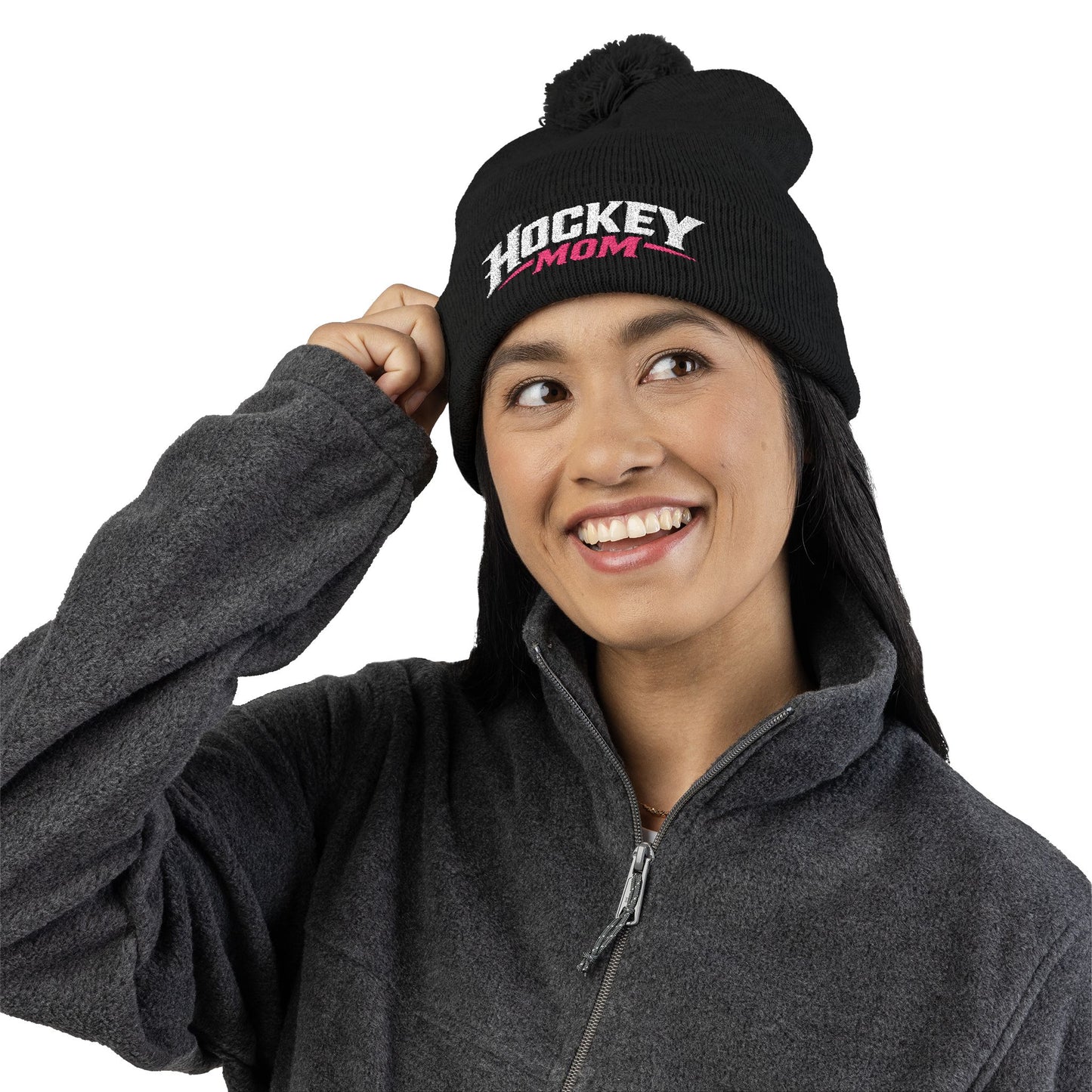 Hockey Mom Pom-Pom Knit Cap — Embroidered Winter Beanie