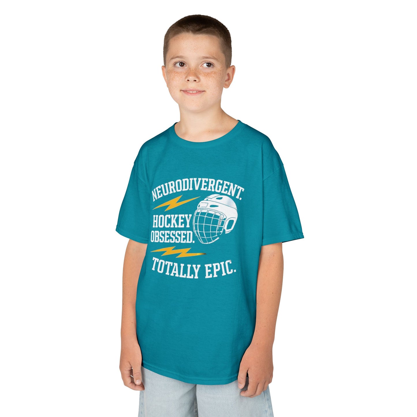 Kids Hockey T‑Shirt — "Neurodivergent Hockey Obsessed, Totally Epic"