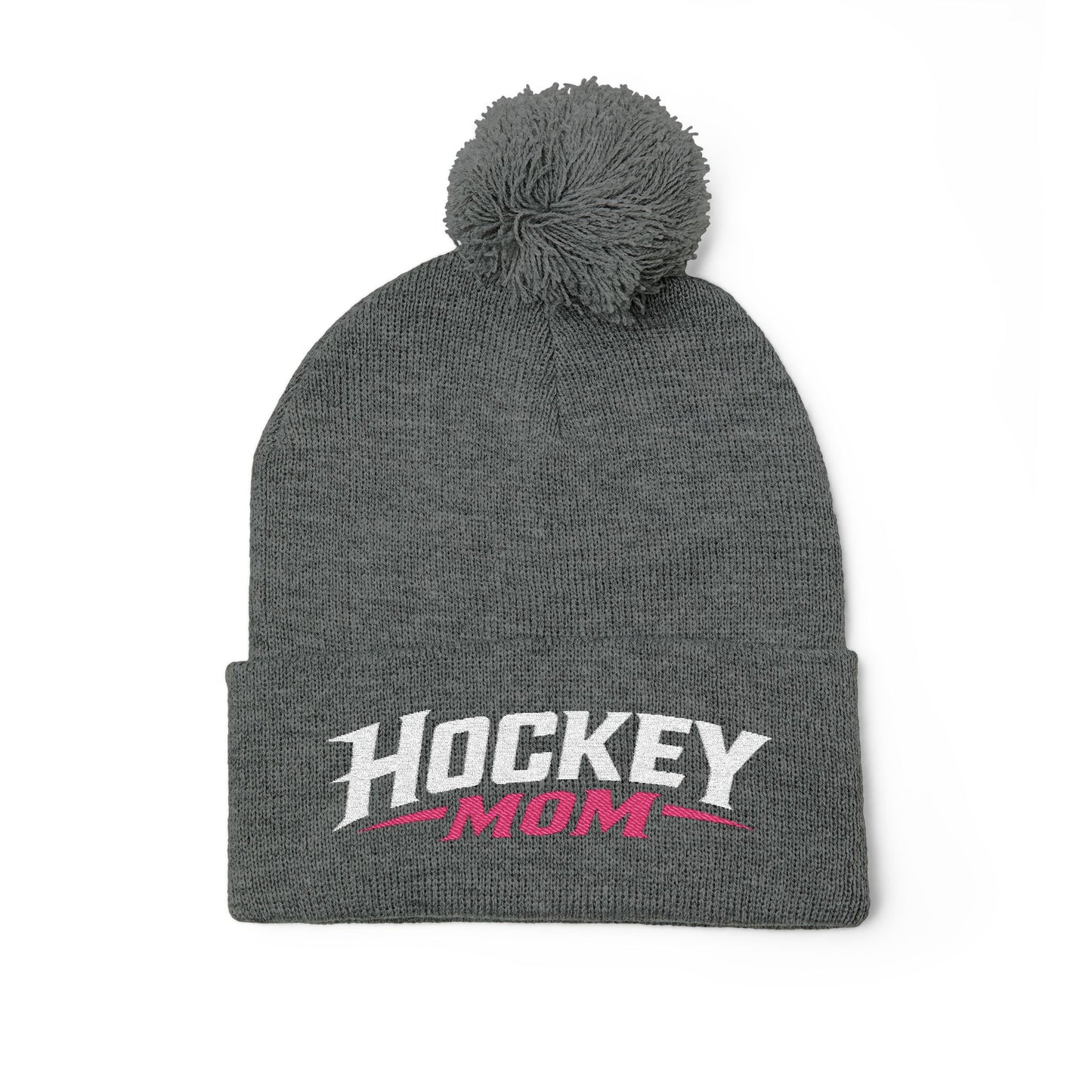 Hockey Mom Pom-Pom Knit Cap — Embroidered Winter Beanie